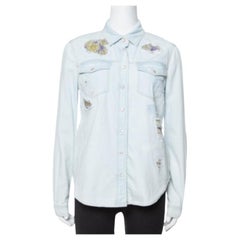 Roberto Cavalli Light Blue Distressed Denim Patch Detail Shirt S
