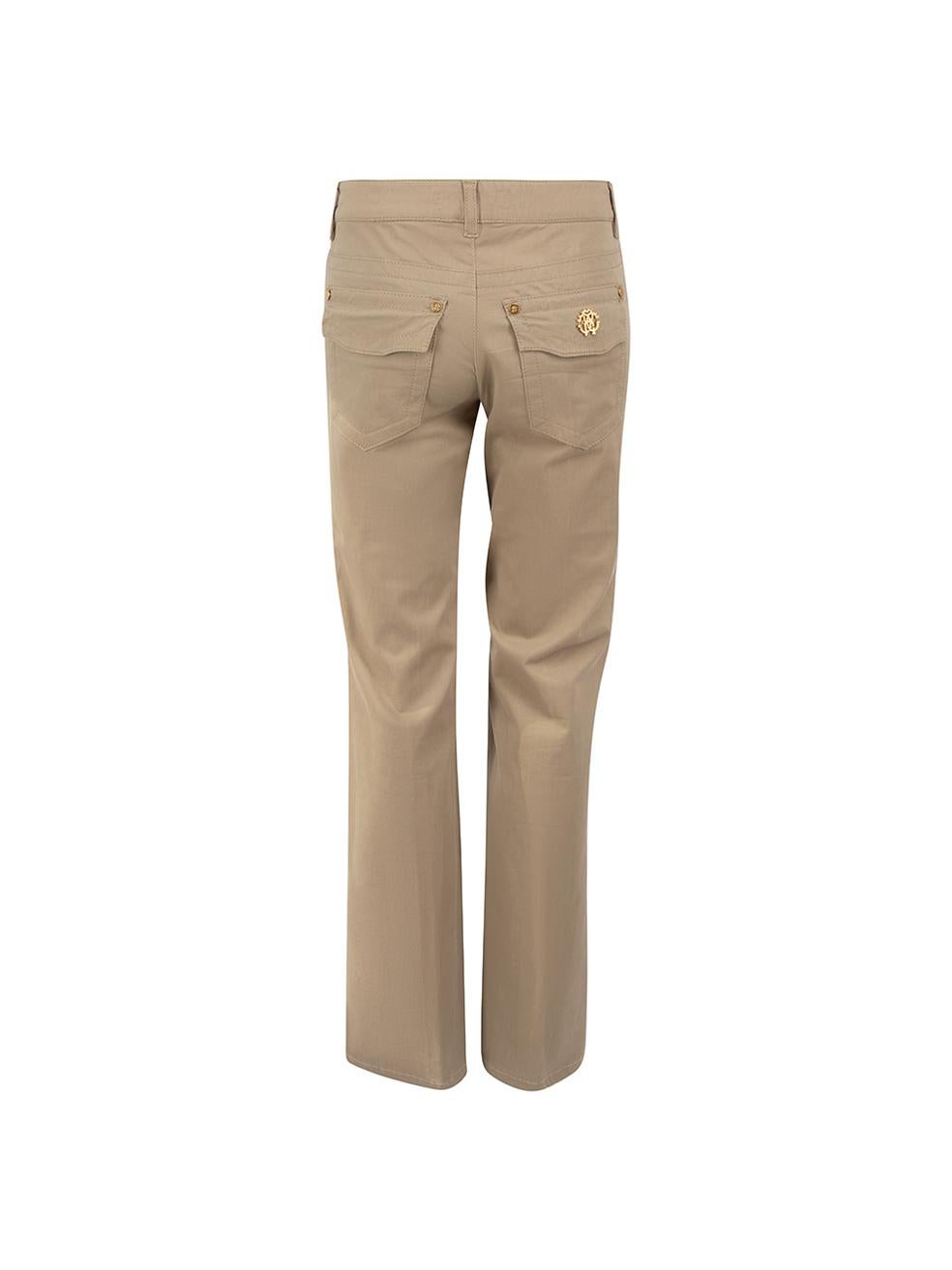 CONDITION is Very good. Hardly any visible wear to trousers is evident on this used Roberto Cavalli designer resale item.

Details
Light brown
Cotton
Trousers
Flared
Mid rise
Gold tone hardware
3x Front pockets
2x Back pockets
Fly zip and button