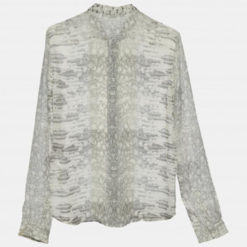 Donna Roberto Cavalli - Camicia con bottoni in seta stampata color grigio chiaro - S in vendita