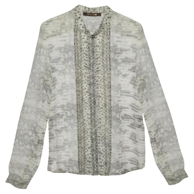 Roberto Cavalli - Camicia con bottoni in seta stampata color grigio chiaro - S