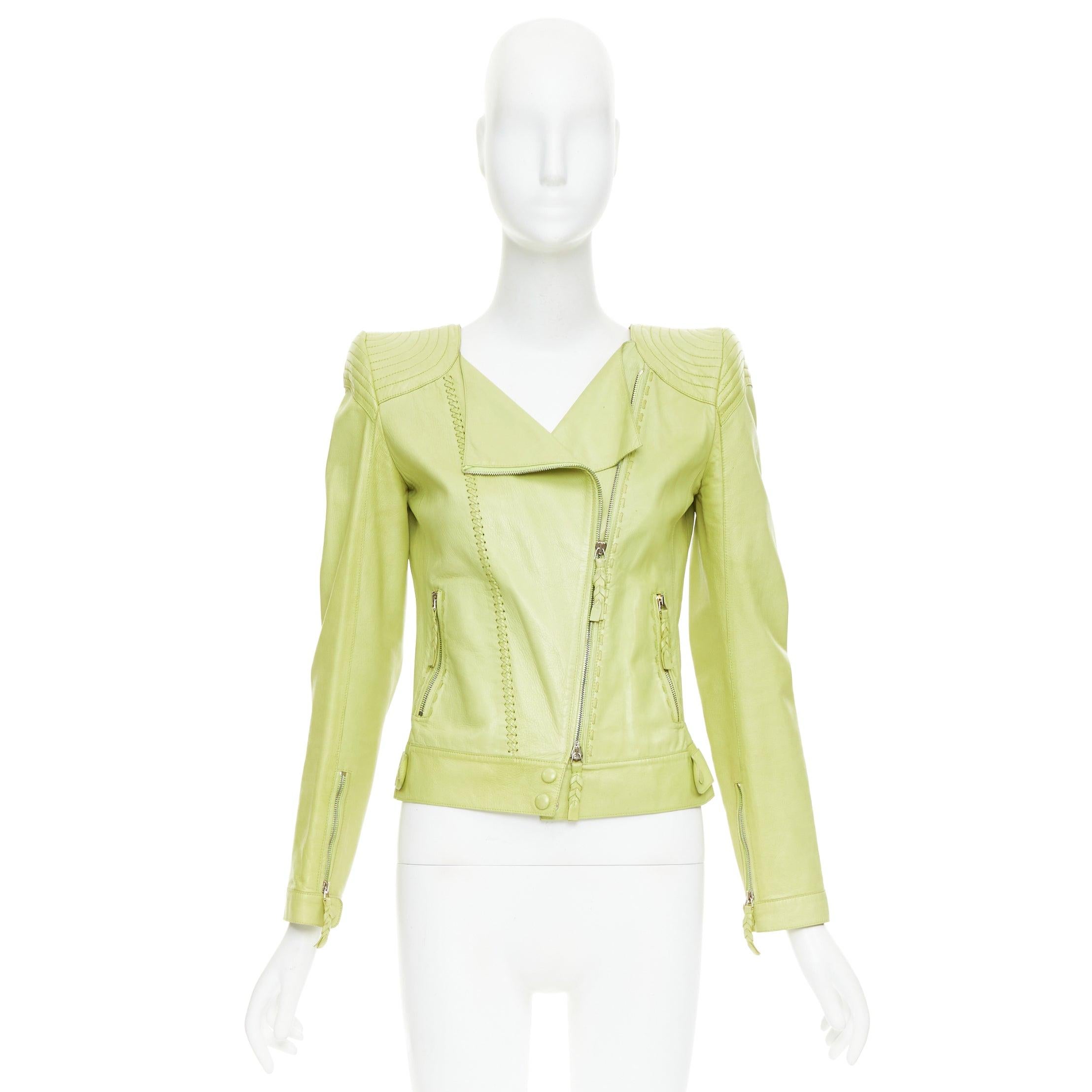 ROBERTO CAVALLI lime green leather moto power shoulder biker jacket IT38 XS For Sale 5