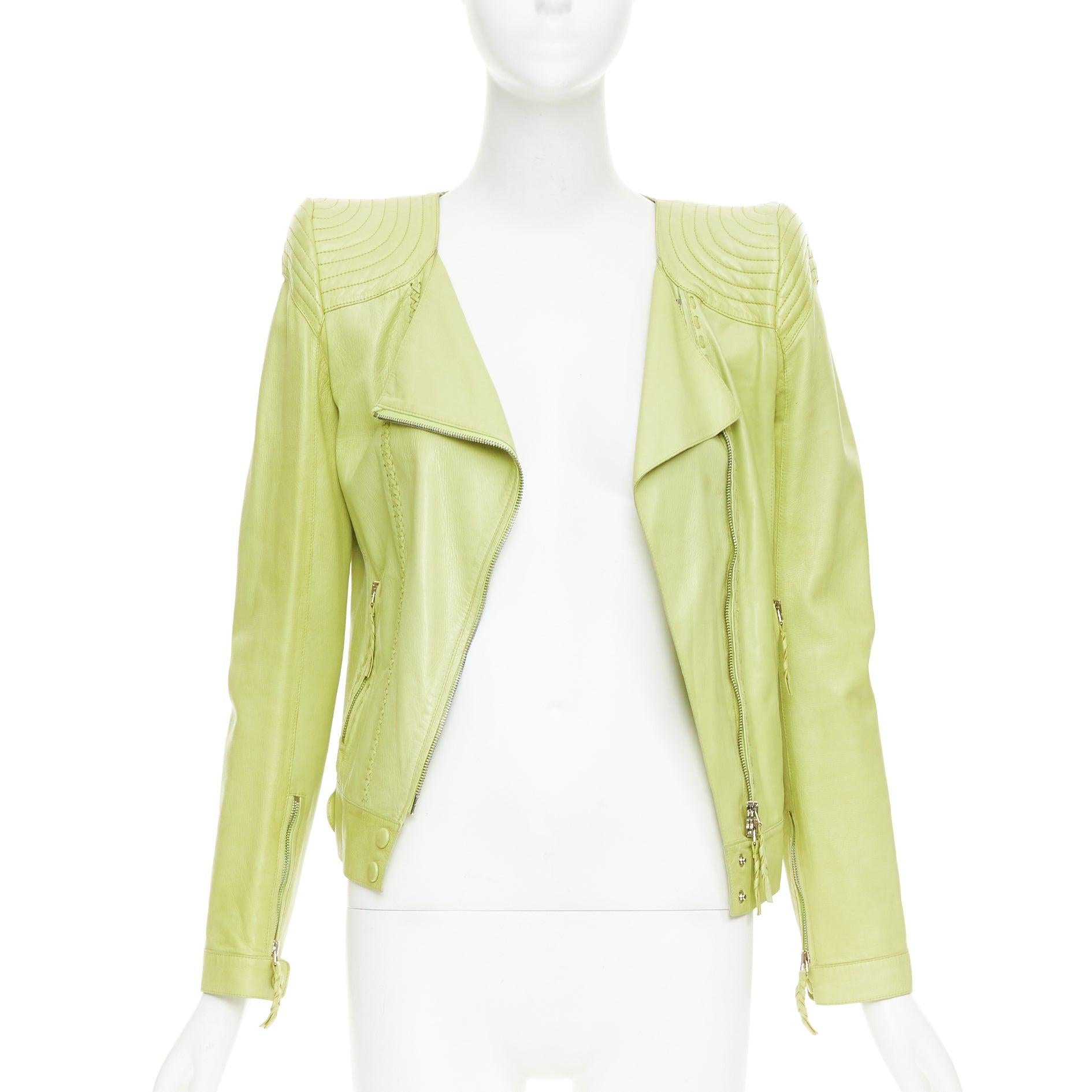 Green ROBERTO CAVALLI lime green leather moto power shoulder biker jacket IT38 XS For Sale