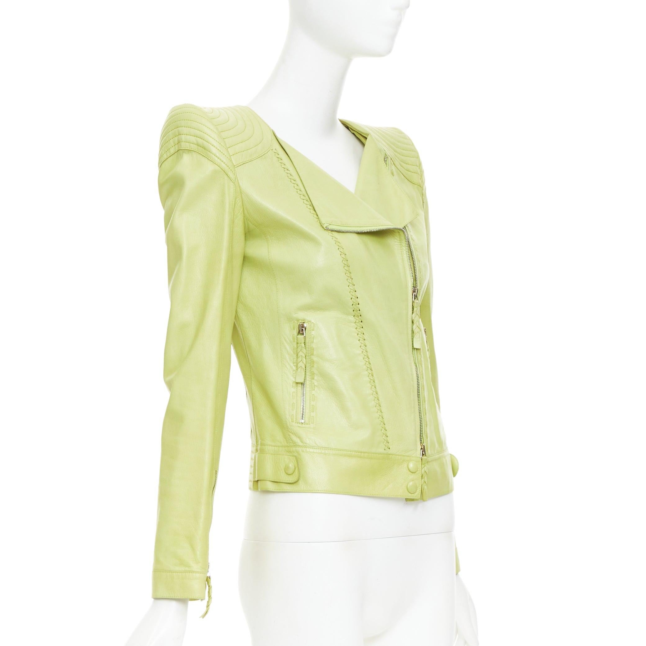 ROBERTO CAVALLI lime green leather moto power shoulder biker jacket IT38 XS In Good Condition For Sale In Hong Kong, NT