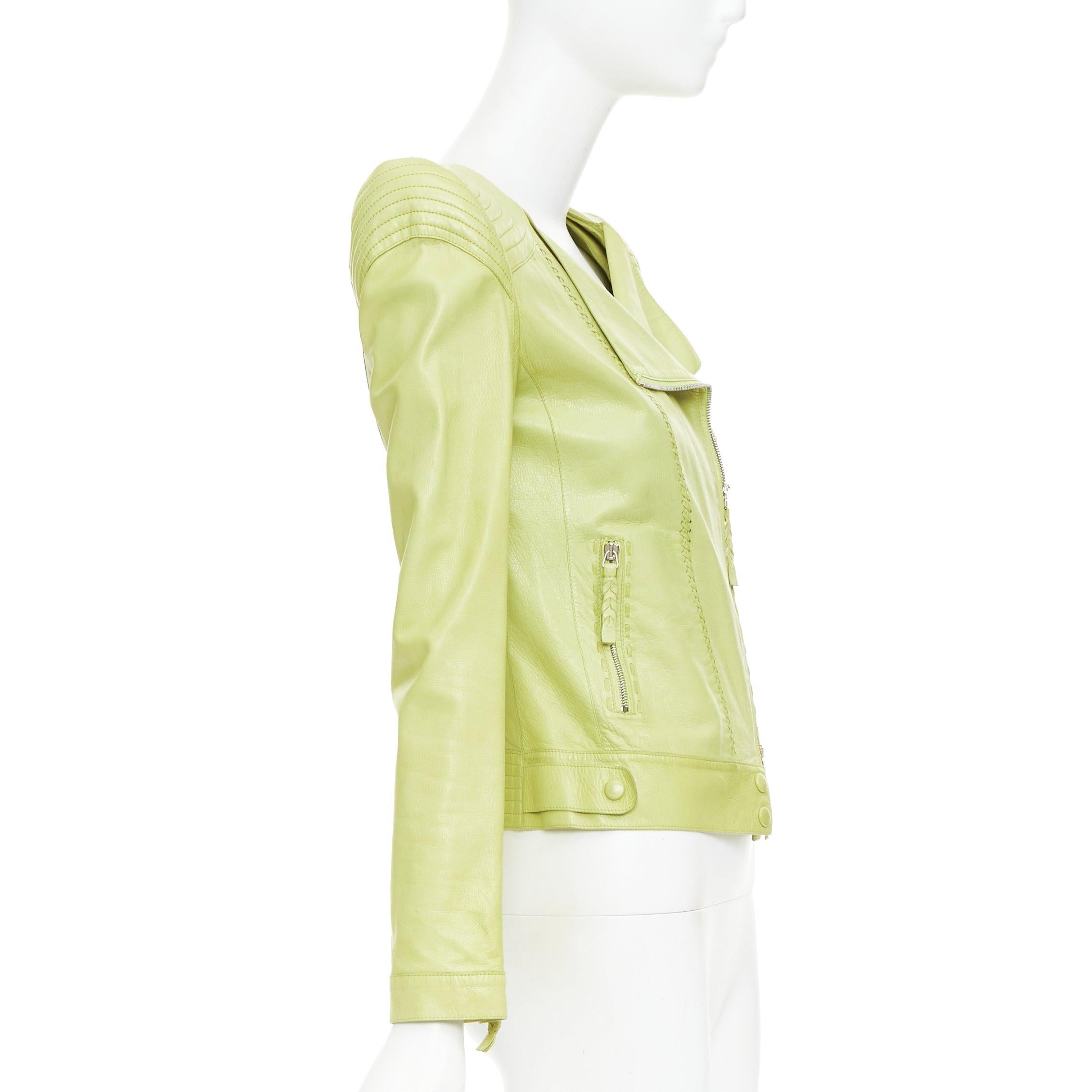 Women's ROBERTO CAVALLI lime green leather moto power shoulder biker jacket IT38 XS For Sale