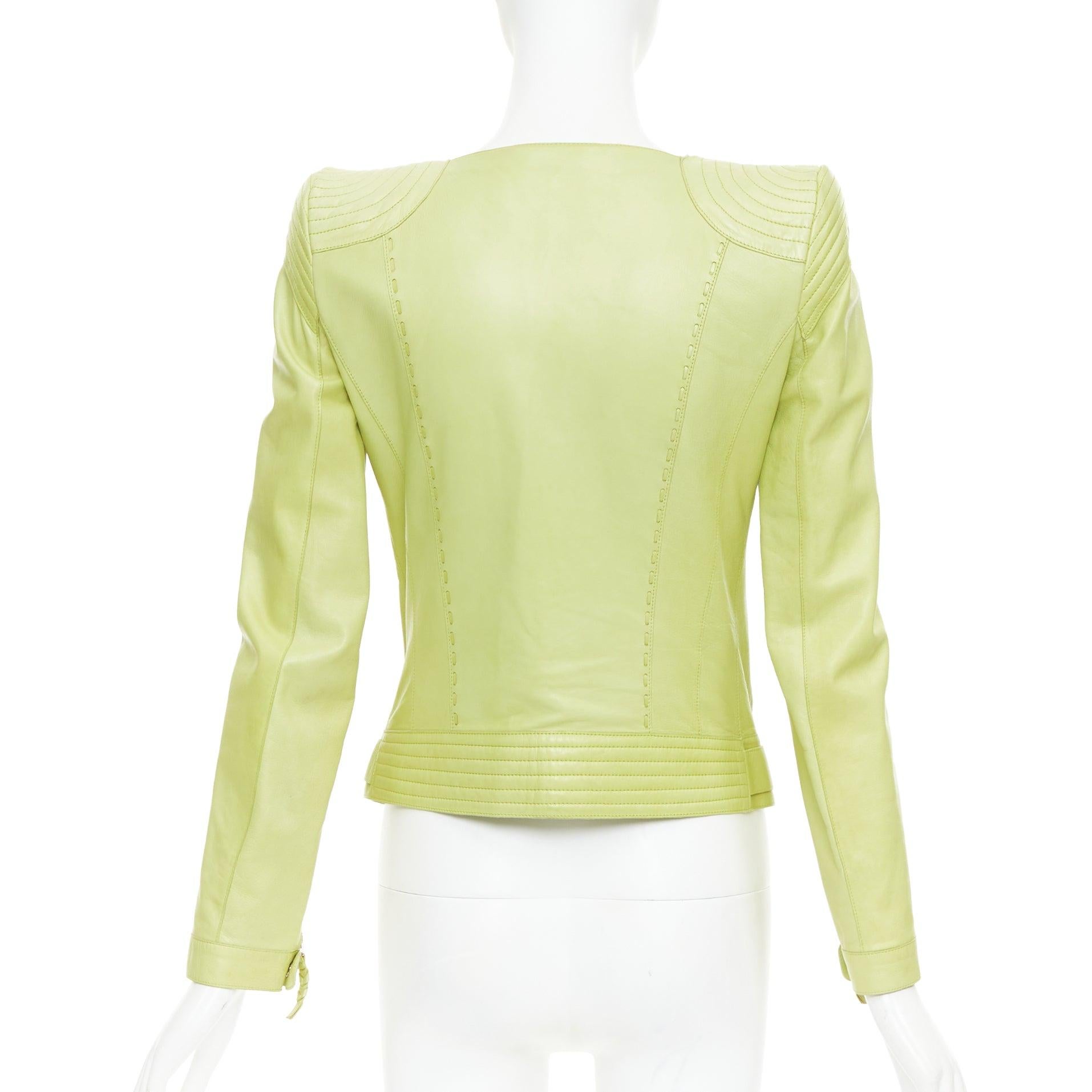 ROBERTO CAVALLI lime green leather moto power shoulder biker jacket IT38 XS For Sale 1