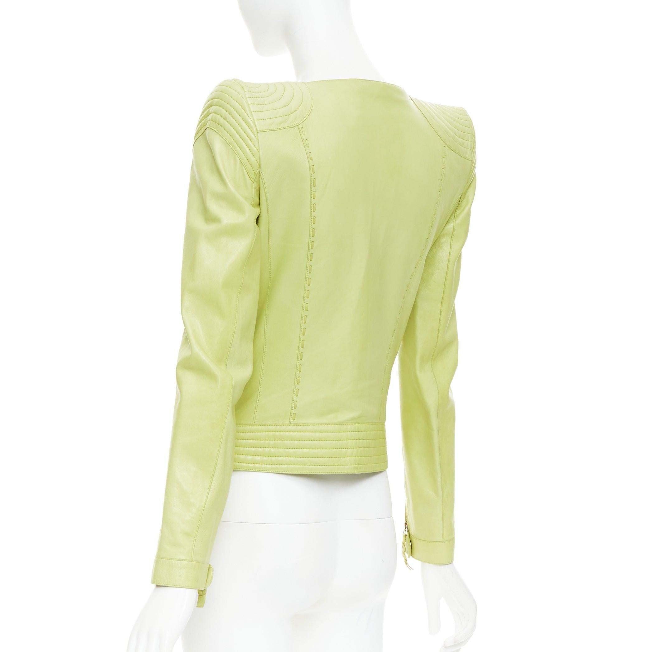 ROBERTO CAVALLI lime green leather moto power shoulder biker jacket IT38 XS For Sale 2