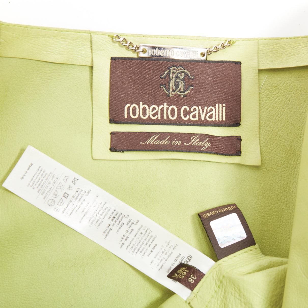 ROBERTO CAVALLI lime green leather moto power shoulder biker jacket IT38 XS For Sale 4