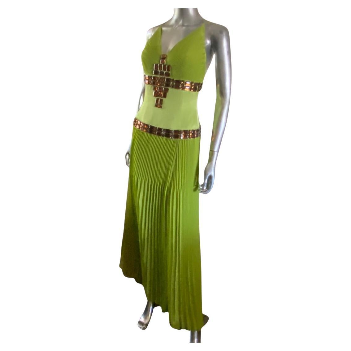 Roberto Cavalli Lime Pleated Dress w/ Hand Beaded Stones for Just Cavalli Size 6