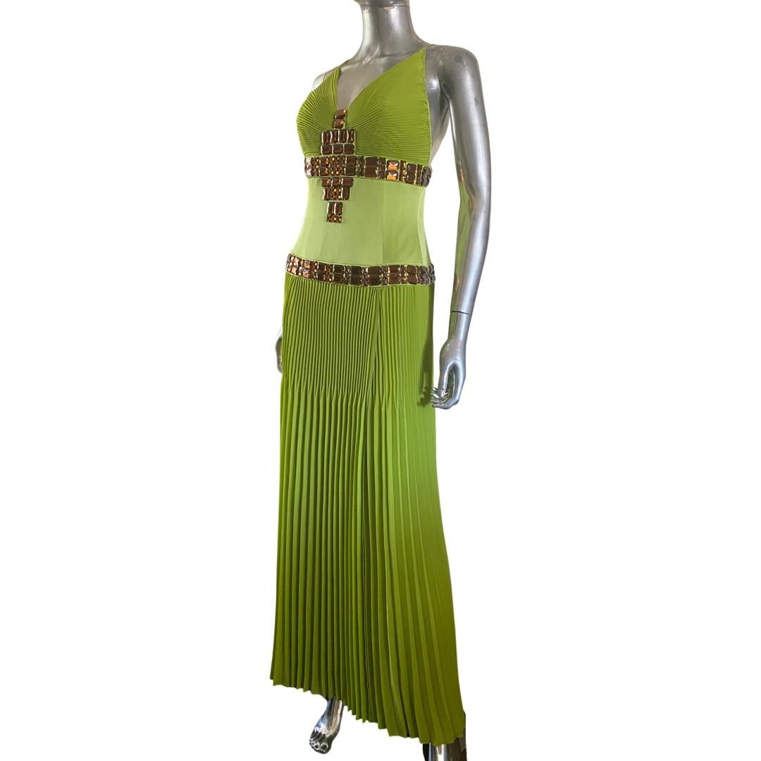 Brown Roberto Cavalli Lime Pleated Dress w/ Hand Beaded Stones for Just Cavalli Size 6 For Sale