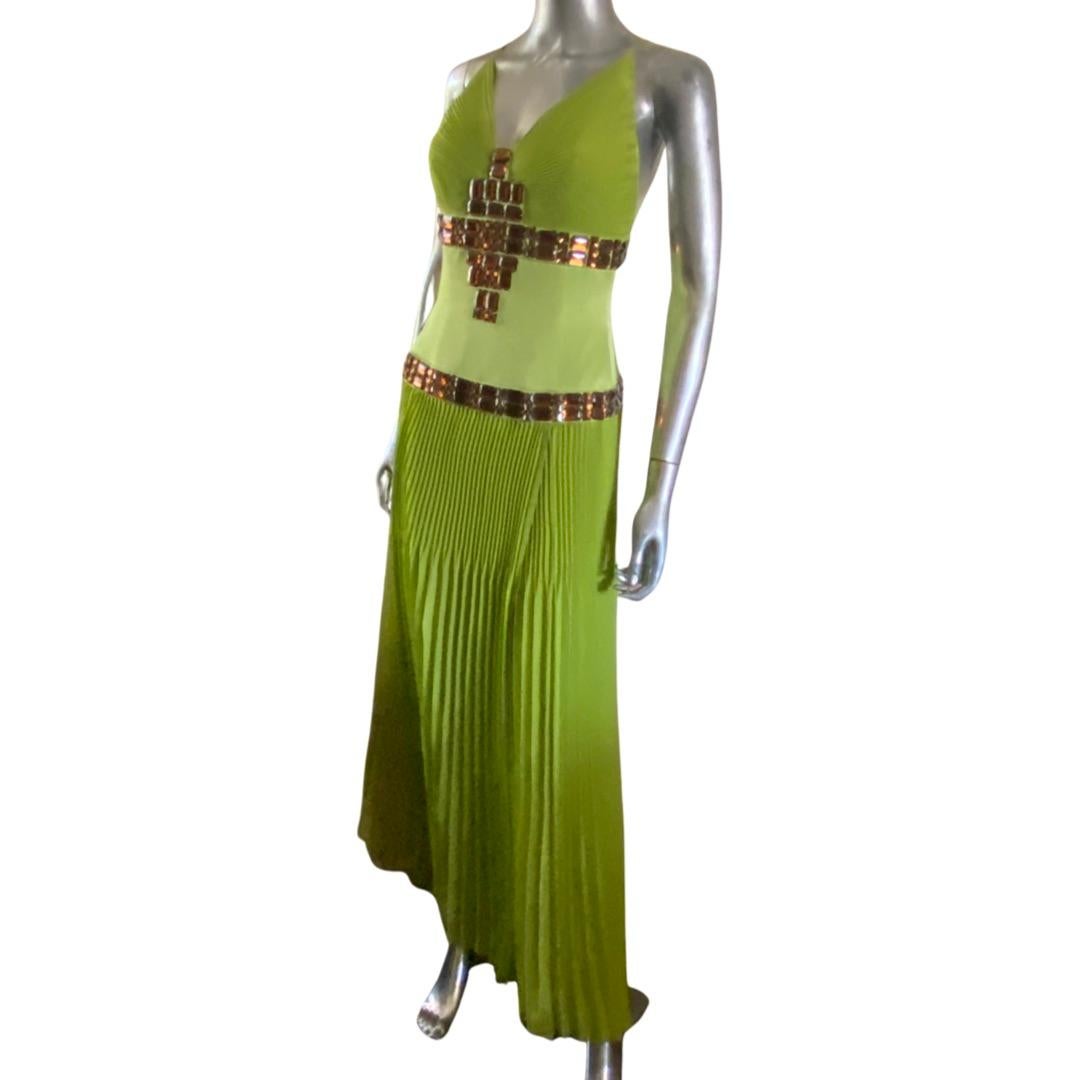 Roberto Cavalli Lime Pleated Dress w/ Hand Beaded Stones for Just Cavalli Size 6 In Good Condition For Sale In Palm Springs, CA