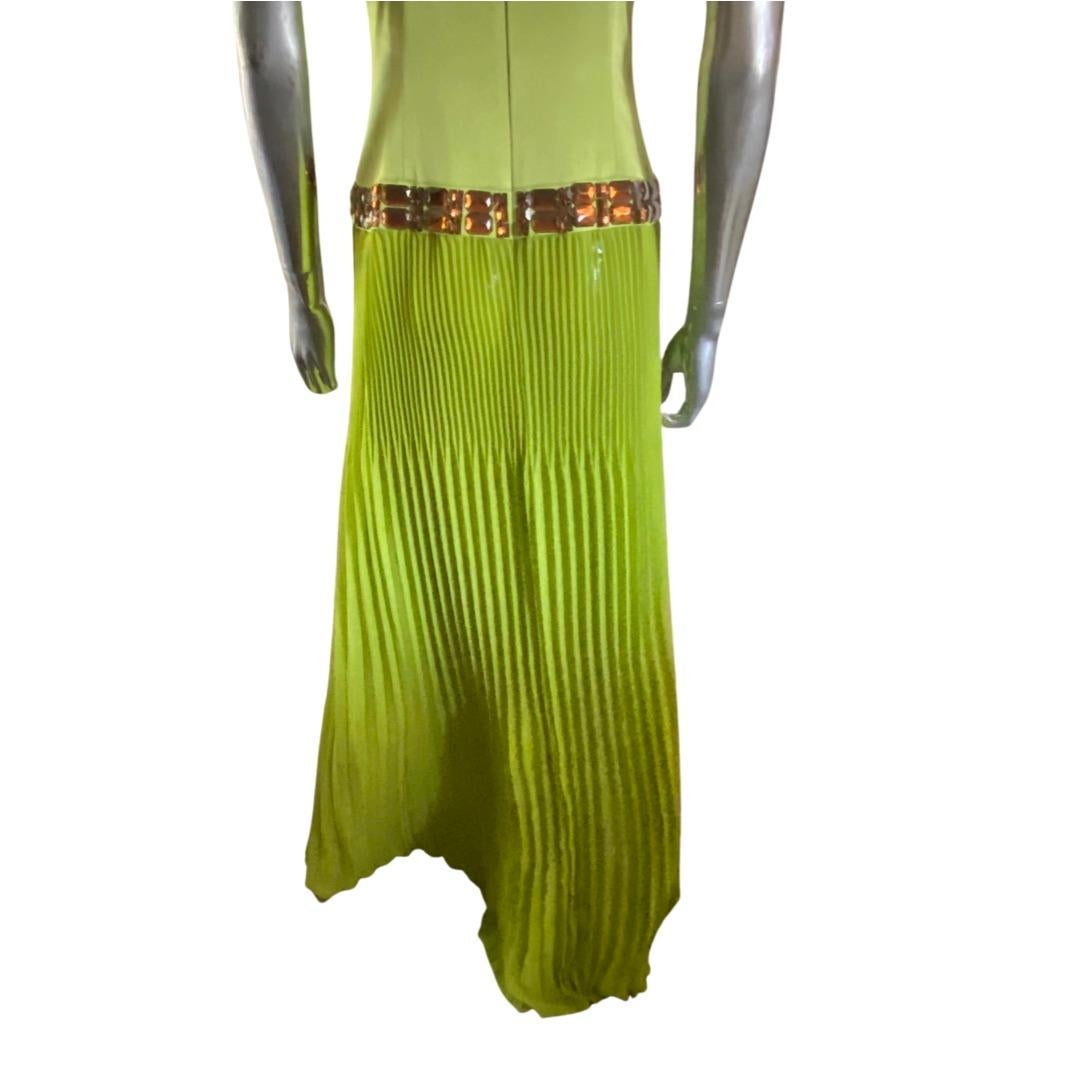 Women's Roberto Cavalli Lime Pleated Dress w/ Hand Beaded Stones for Just Cavalli Size 6 For Sale
