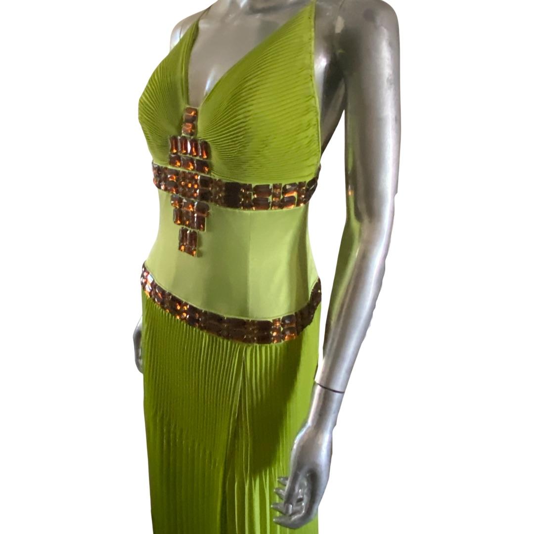 Roberto Cavalli Lime Pleated Dress w/ Hand Beaded Stones for Just Cavalli Size 6 For Sale 1