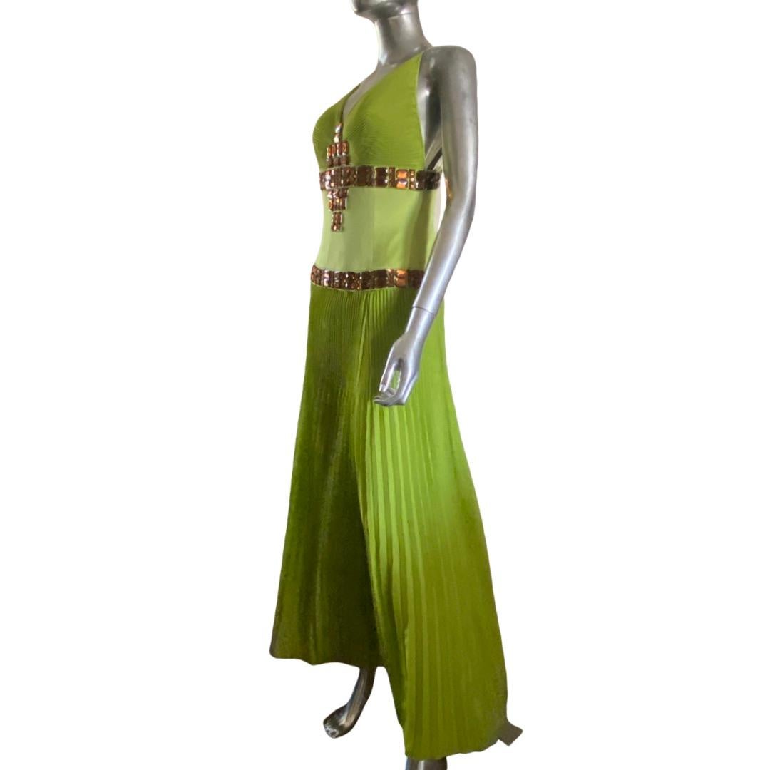 Roberto Cavalli Lime Pleated Dress w/ Hand Beaded Stones for Just Cavalli Size 6 For Sale 2