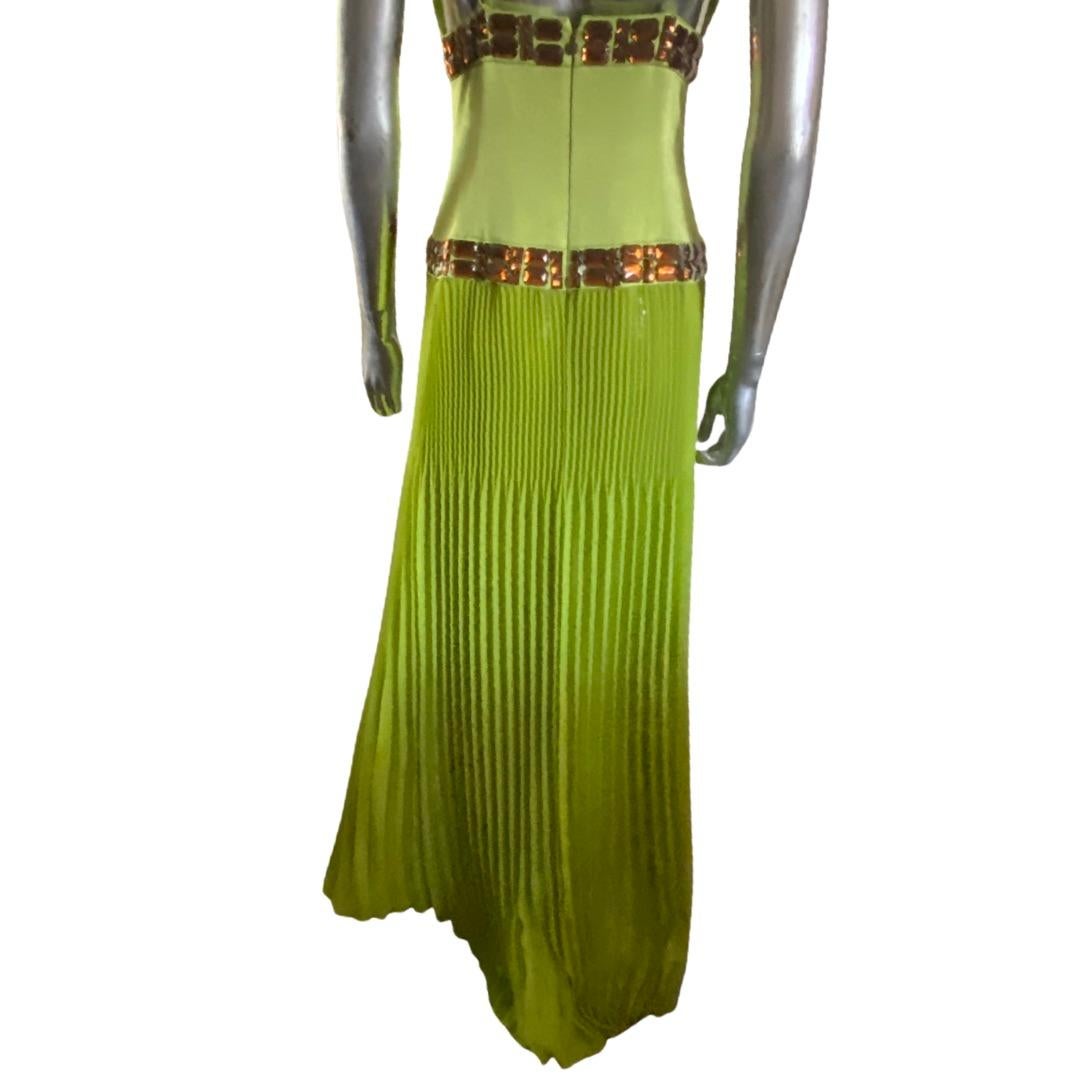 Roberto Cavalli Lime Pleated Dress w/ Hand Beaded Stones for Just Cavalli Size 6 For Sale 3