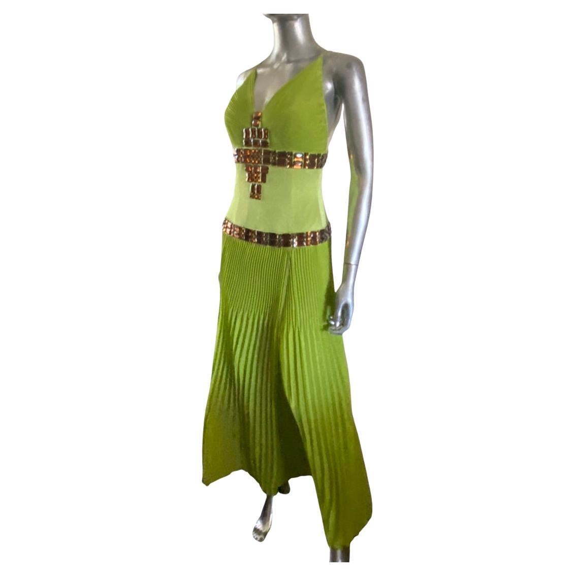 Roberto Cavalli Lime Pleated Dress w/ Hand Beaded Stones for Just Cavalli Size 6 For Sale