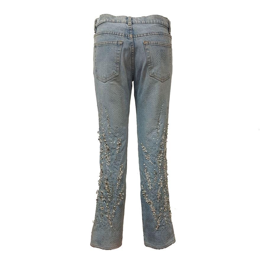Denim Azure jeans color Limited edition Beads sequins and crystal embroideries 5 Pockets Total length cm 99 (389 inches) Waist cm 38 (149 inches) Fabric and size tags removed