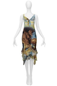 Roberto Cavalli Lion Print Dress With Chiffon Ruffles