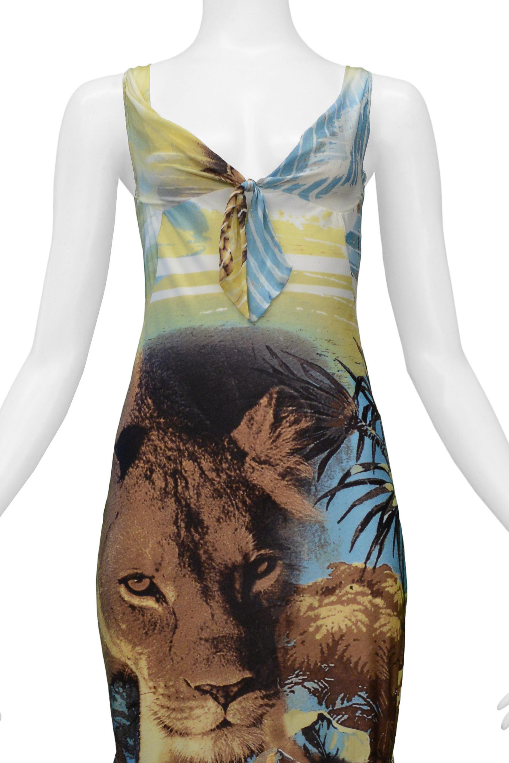 Gray Roberto Cavalli Lion Print Dress With Chiffon Ruffles For Sale