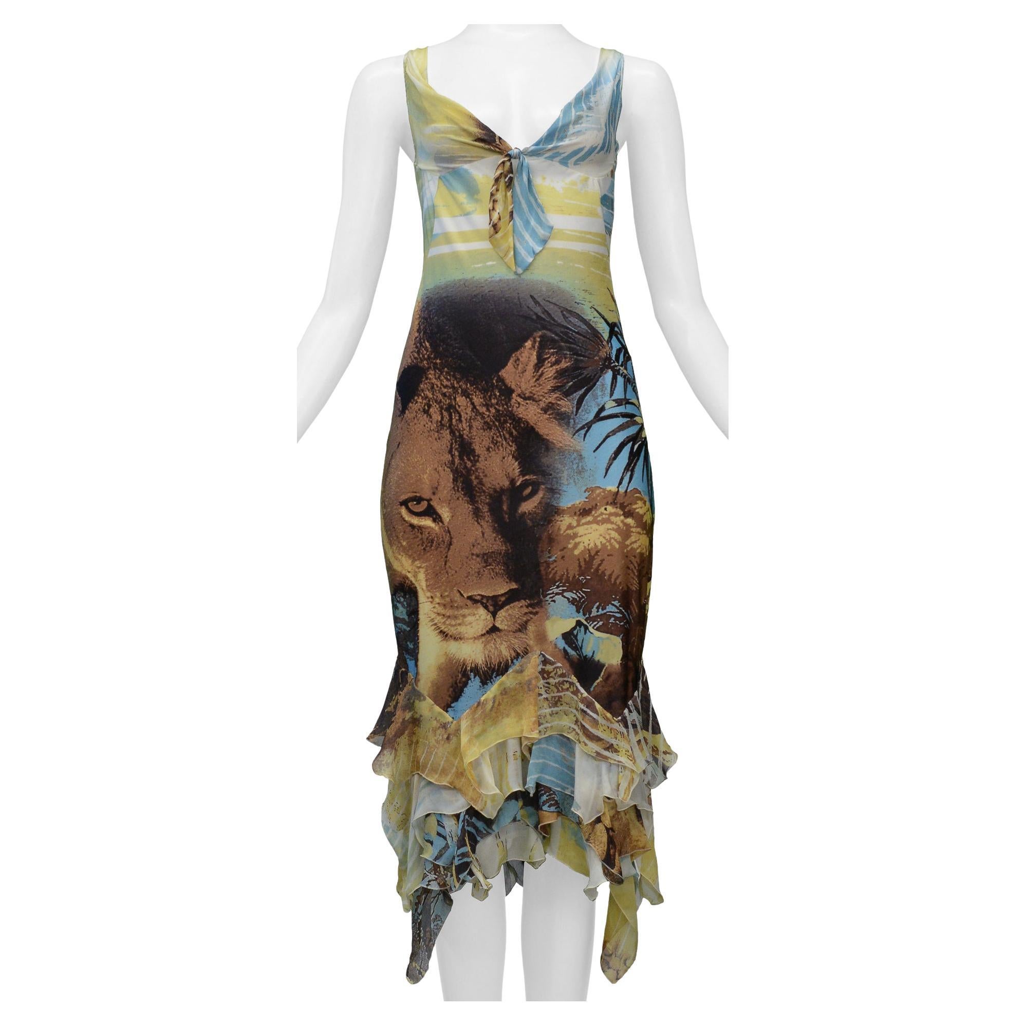 Roberto Cavalli Lion Print Dress With Chiffon Ruffles For Sale