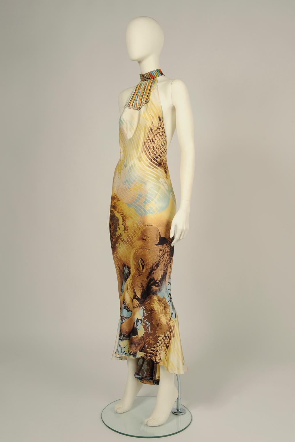 Beige Roberto Cavalli Lion Print Halterneck Gown, Spring-Summer 2002