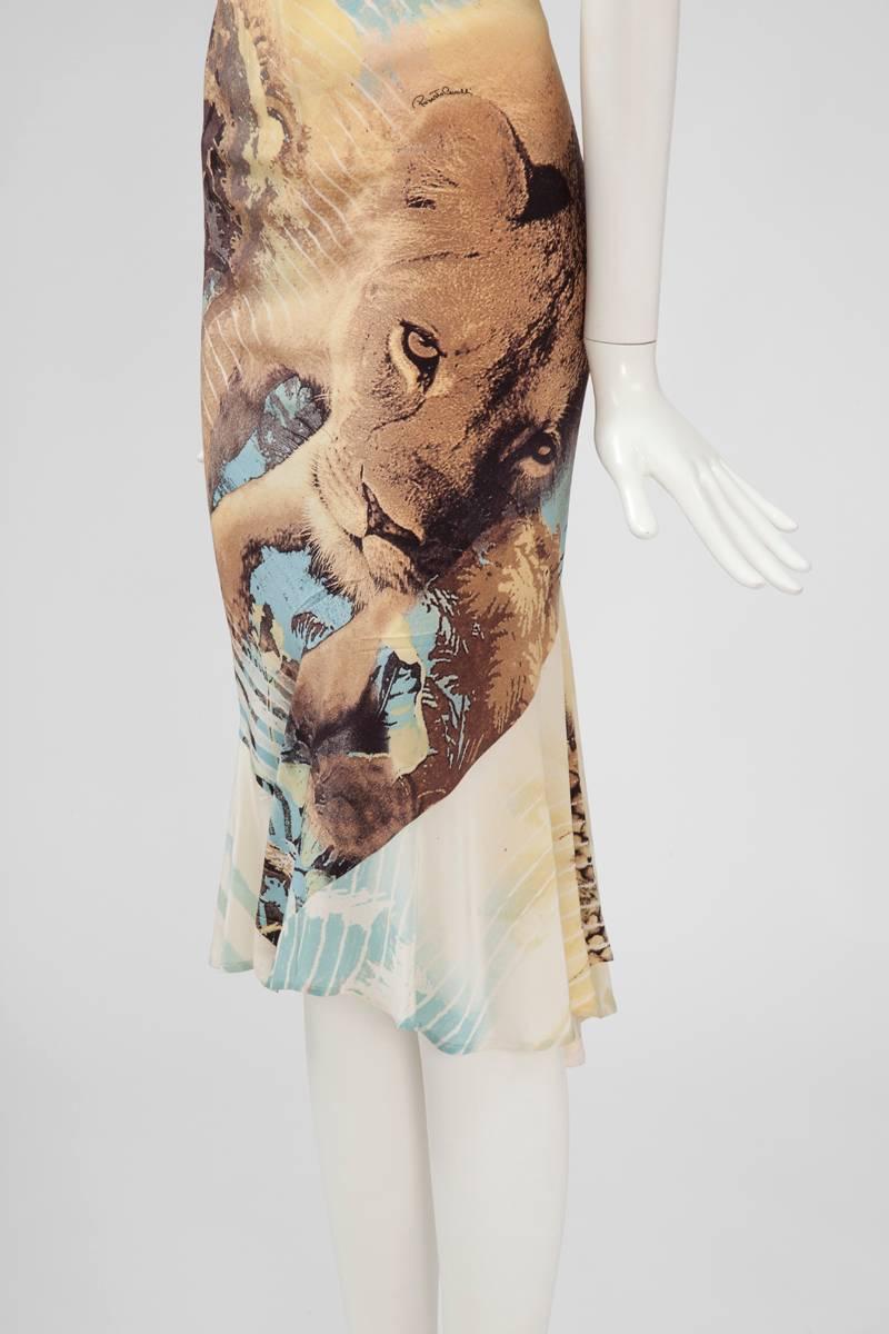 Beige Roberto Cavalli Lion Print Slip Silk Dress, Spring-Summer 2002