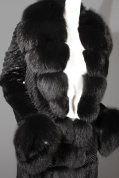 Just Cavalli, long black fox coat with pockets and single eye hook closure