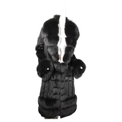 Roberto Cavalli, long black fox coat with pockets and single eye hook closure