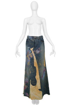 Roberto Cavalli Long Denim & Leather Hand Painted Skirt With Slit