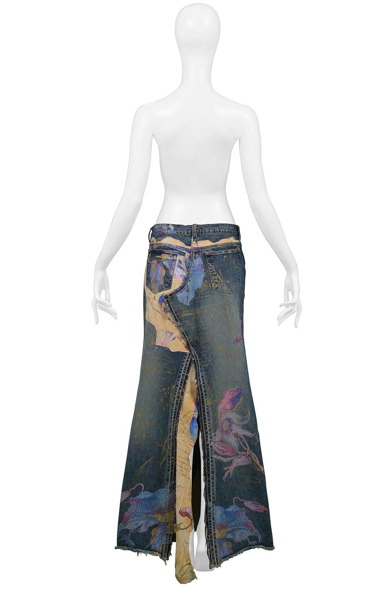 Black Roberto Cavalli Long Denim & Leather Hand Painted Skirt With Slit For Sale