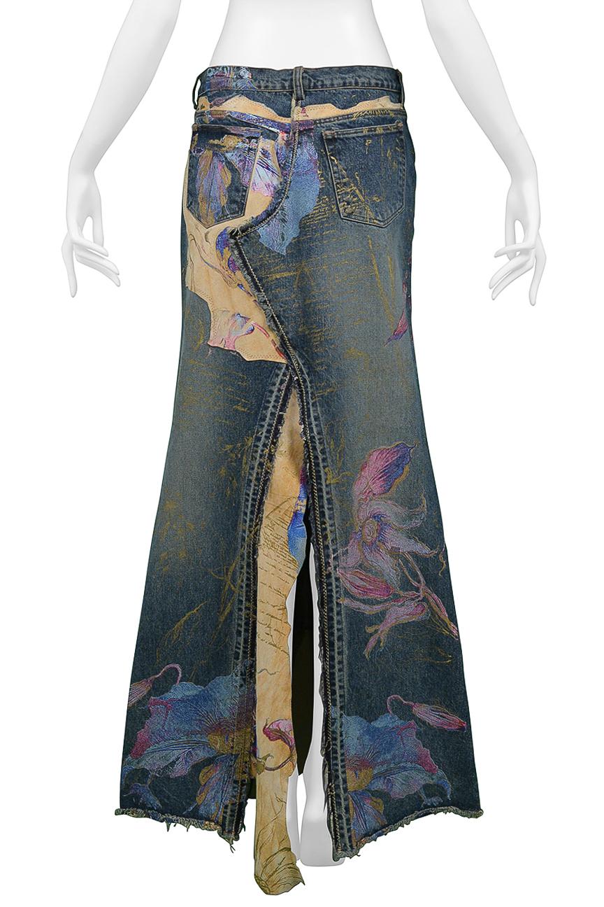 Roberto Cavalli Long Denim & Leather Hand Painted Skirt With Slit In Excellent Condition For Sale In Los Angeles, CA