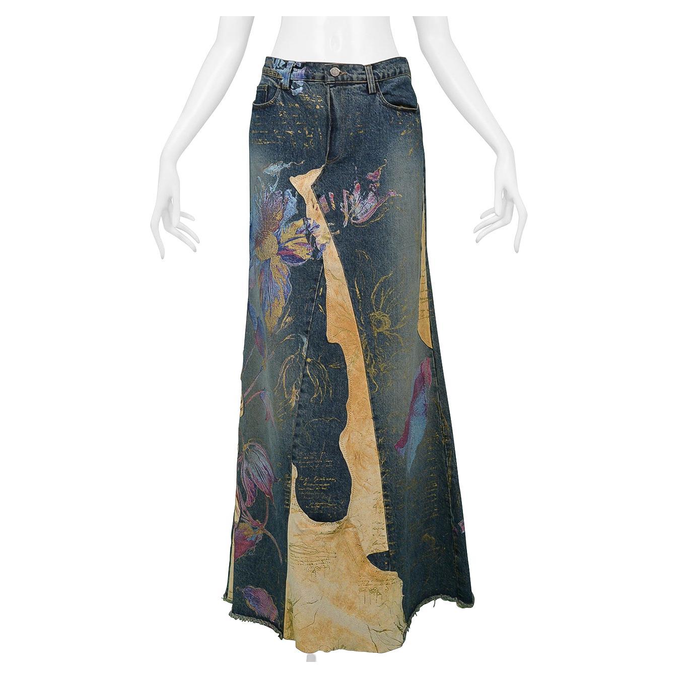 Roberto Cavalli Long Denim & Leather Hand Painted Skirt With Slit For Sale