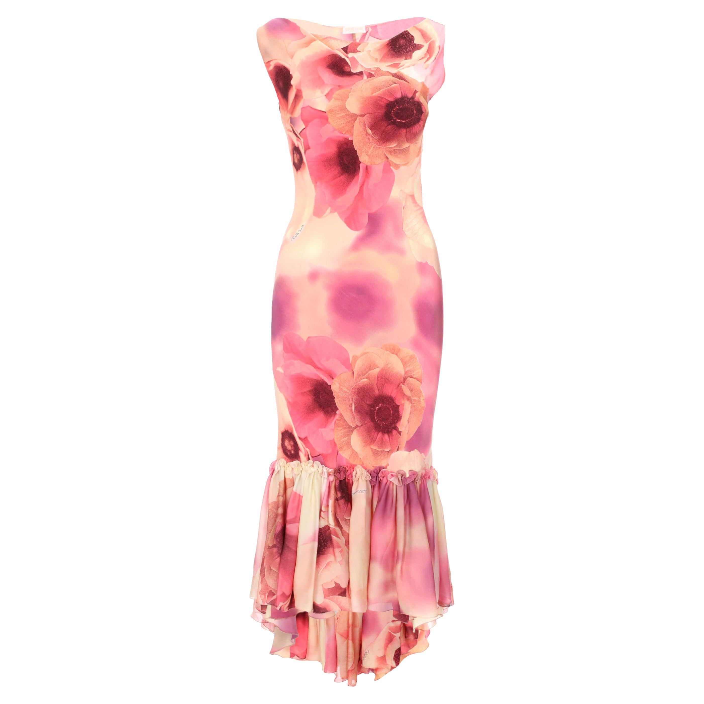 Roberto Cavalli Long Floral Dress with Ruffled Hem For Sale at 1stDibs