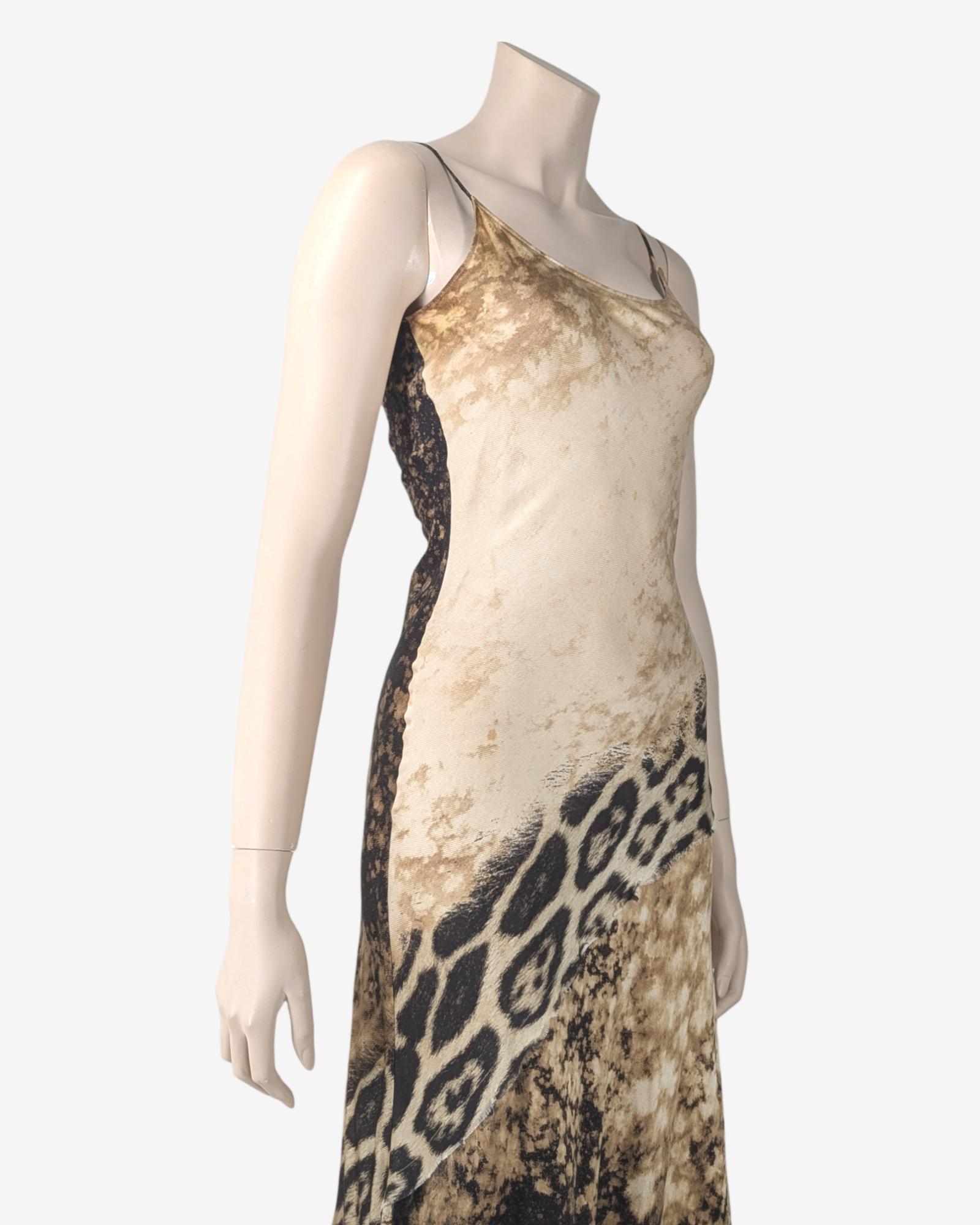 Marron Roberto Cavalli, robe longue en soie en forme de guépard, automne-hiver 2001 en vente