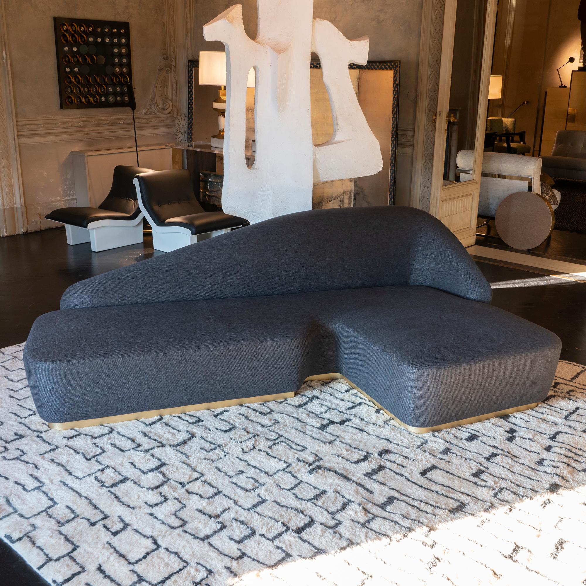 Modern Roberto Cavalli Lounge Sofa, Grey Fabric, Brushed Brass Base, Italy, 2016