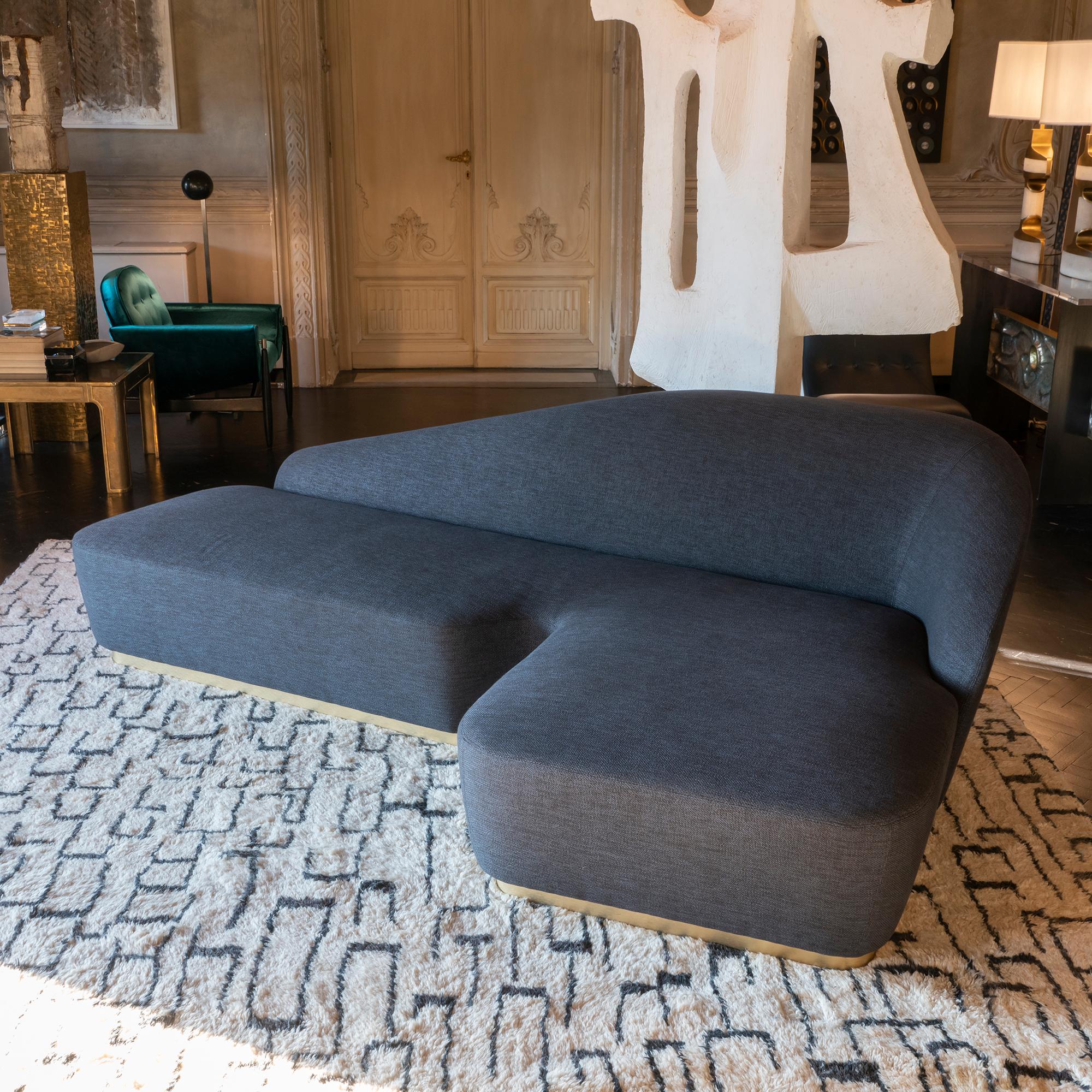 Contemporary Roberto Cavalli Lounge Sofa, Grey Fabric, Brushed Brass Base, Italy, 2016