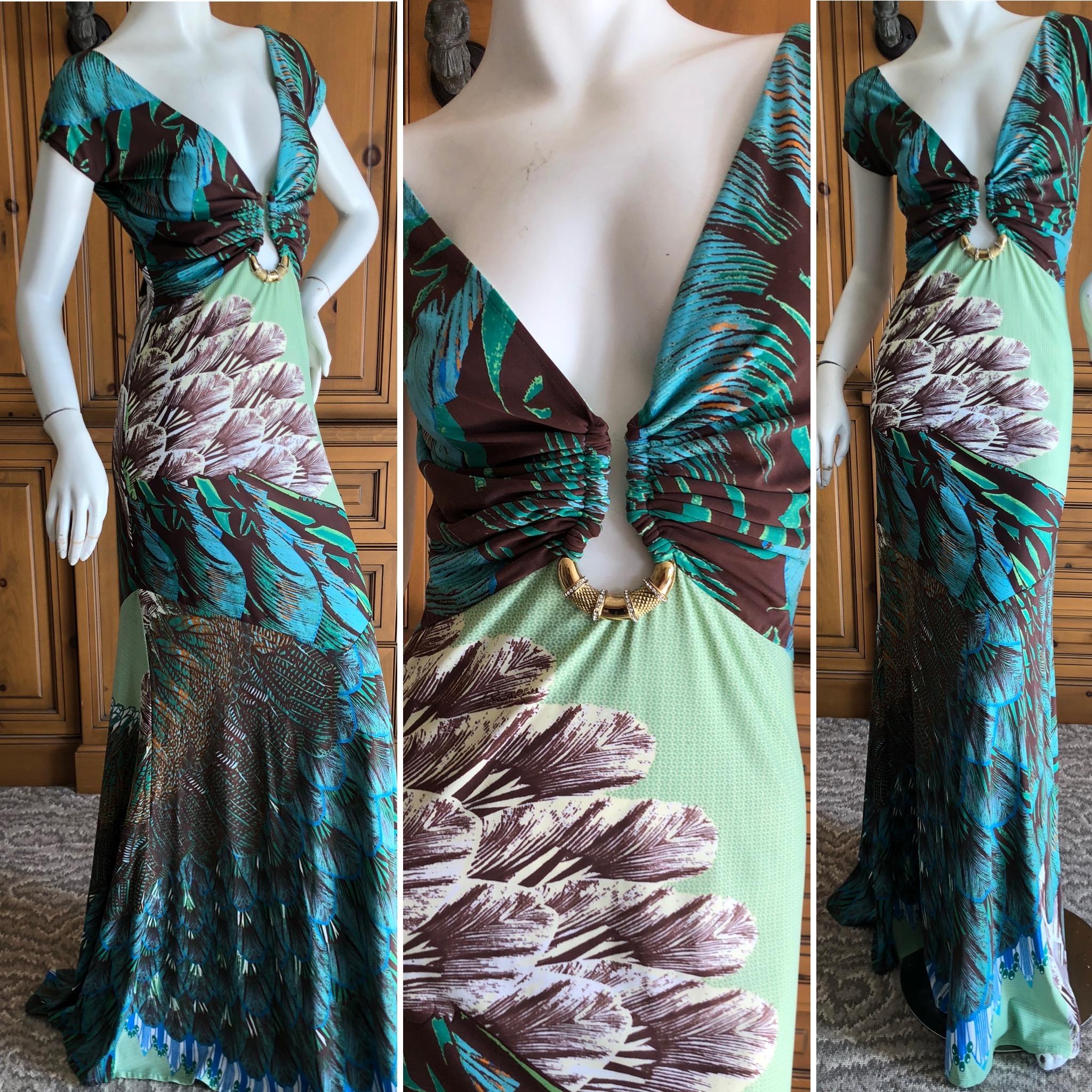 Roberto Cavalli Low Cut Feather Pattern Long Evening Dress Size 46 For Sale 6