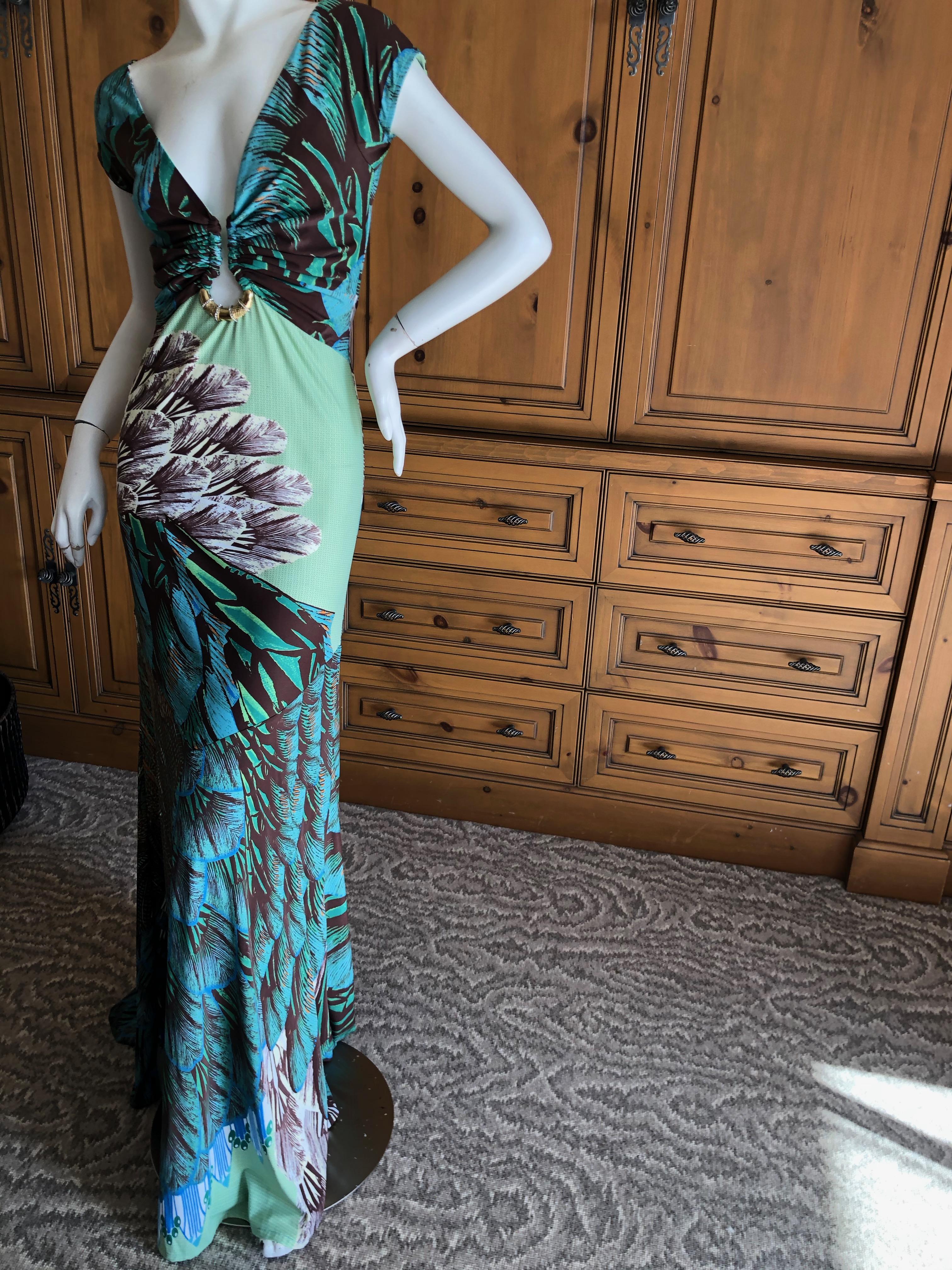 Roberto Cavalli Low Cut Feather Pattern Long Evening Dress .
 So pretty, please use the zoom feature to see details.
Size 46, there is a lot of stretch.
  Bust 38