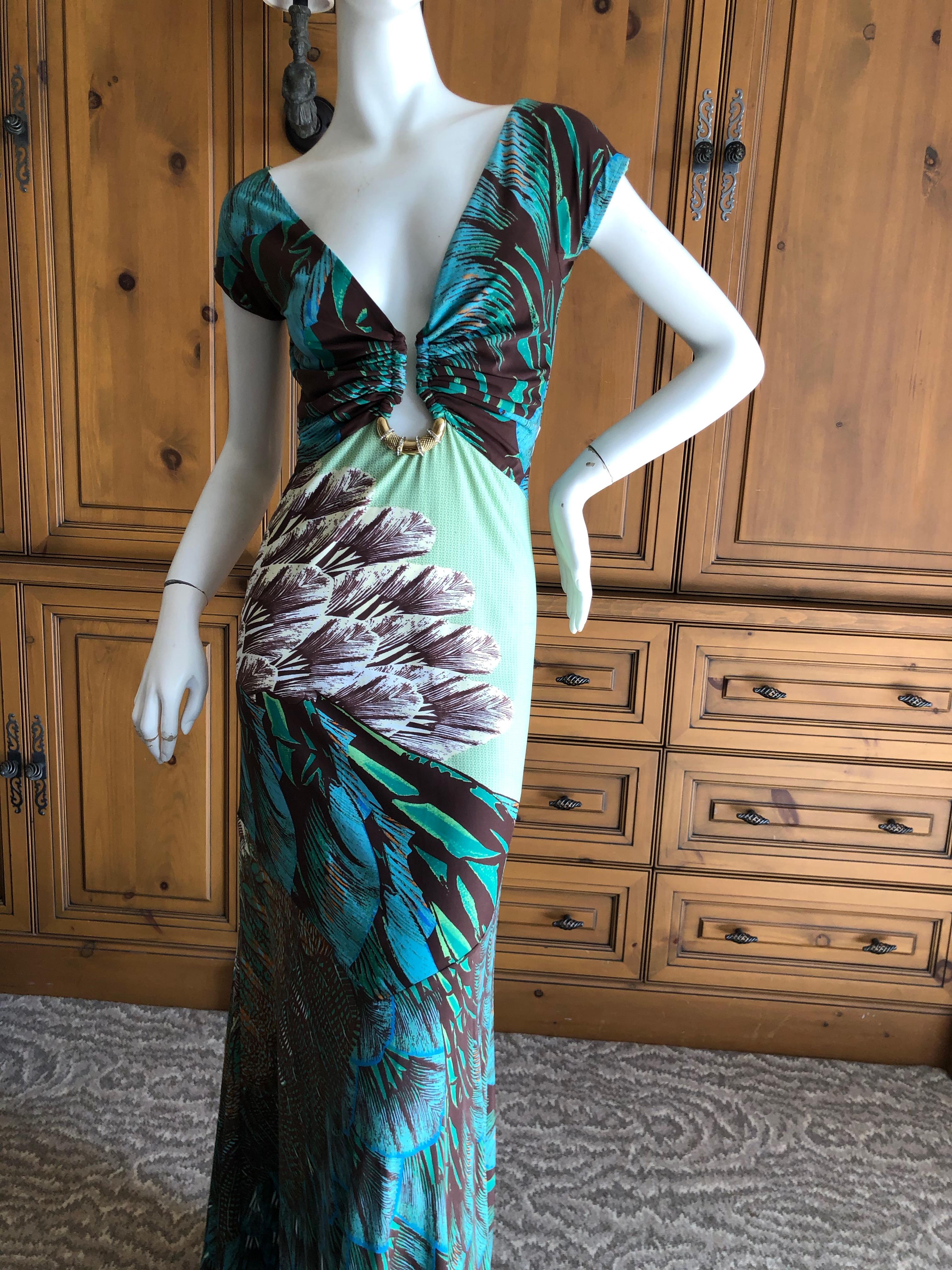 Black Roberto Cavalli Low Cut Feather Pattern Long Evening Dress Size 46 For Sale