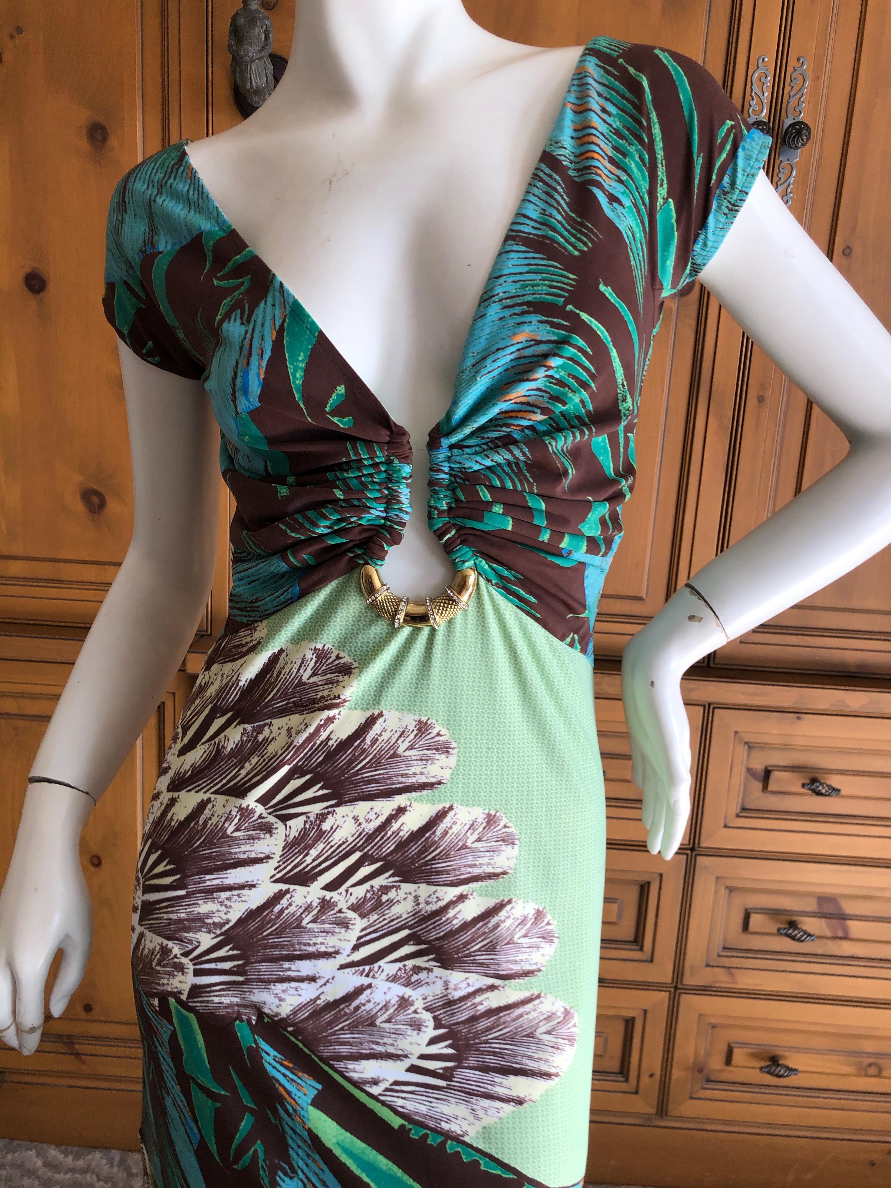 Roberto Cavalli Low Cut Feather Pattern Long Evening Dress Size 46 In Excellent Condition For Sale In Cloverdale, CA