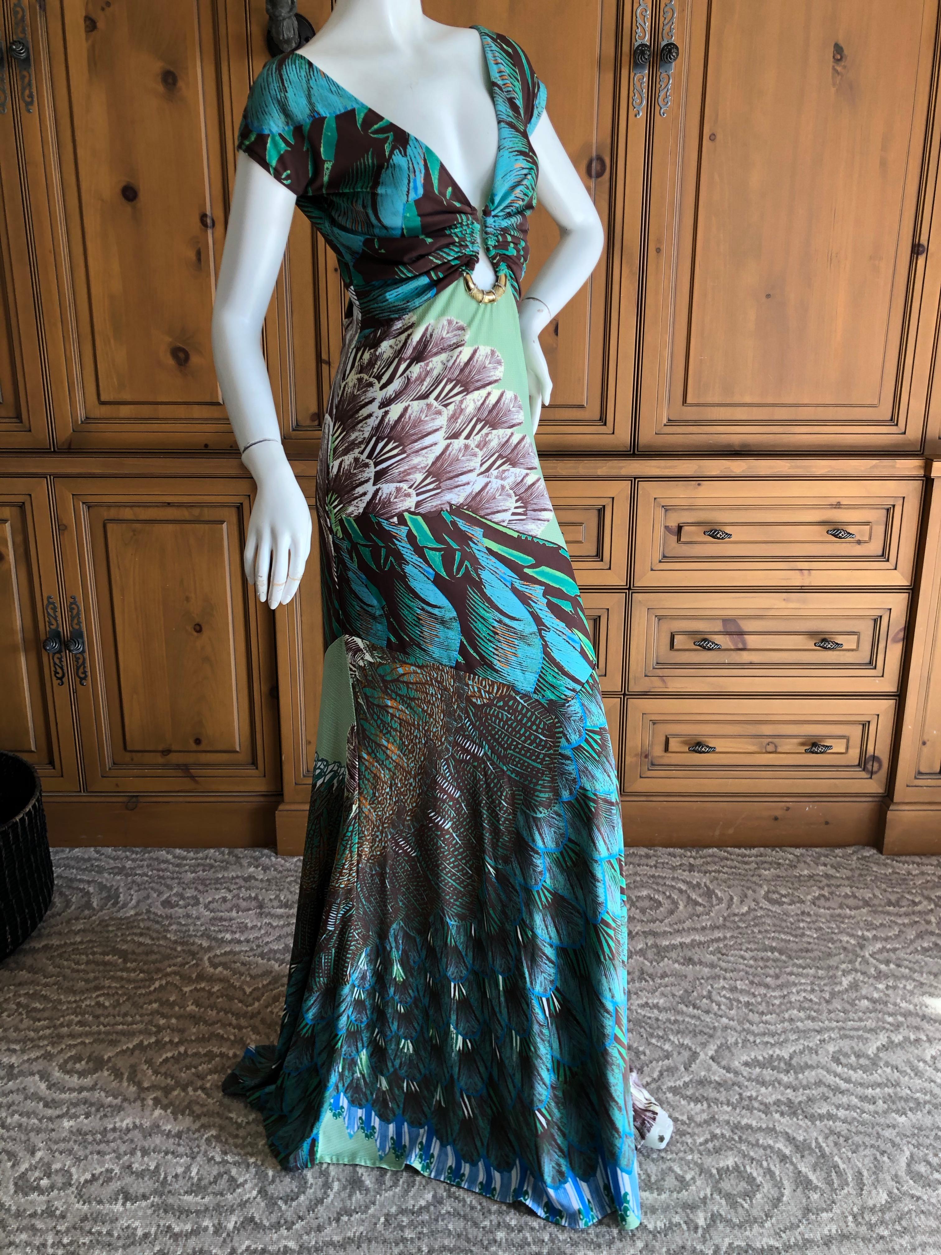 Roberto Cavalli Low Cut Feather Pattern Long Evening Dress Size 46 For Sale 1