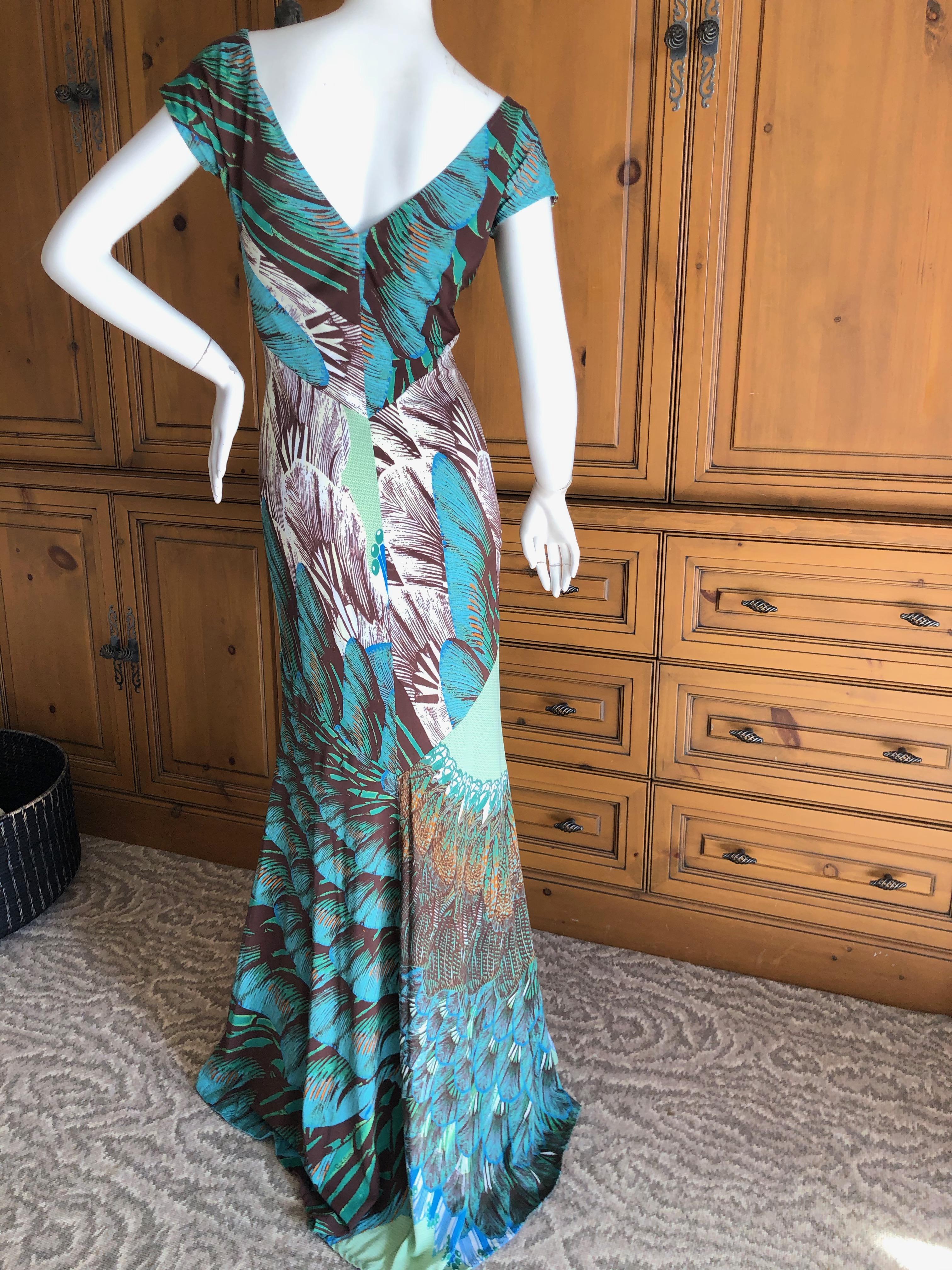 Roberto Cavalli Low Cut Feather Pattern Long Evening Dress Size 46 For Sale 2