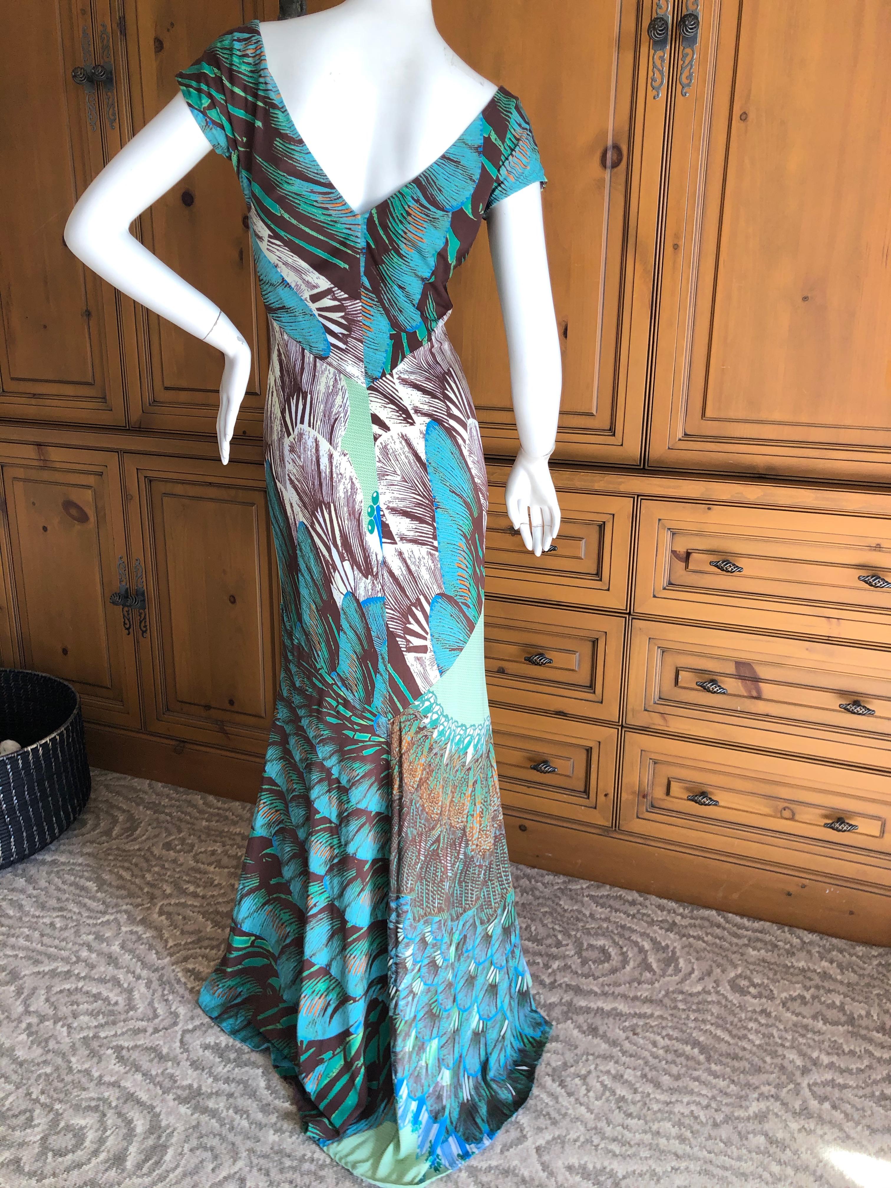 Roberto Cavalli Low Cut Feather Pattern Long Evening Dress Size 46 For Sale 3