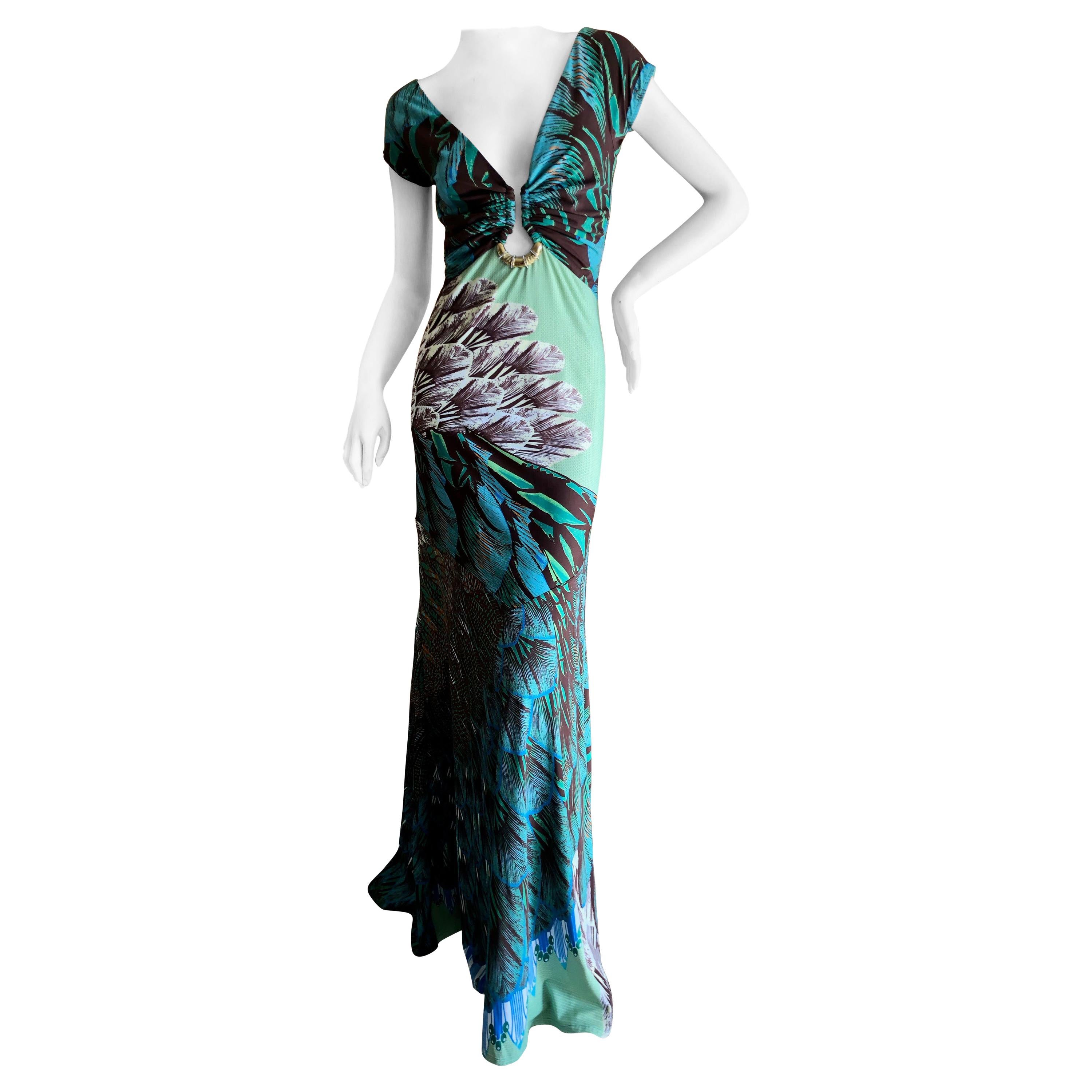 Roberto Cavalli Low Cut Feather Pattern Long Evening Dress Size 46 For Sale