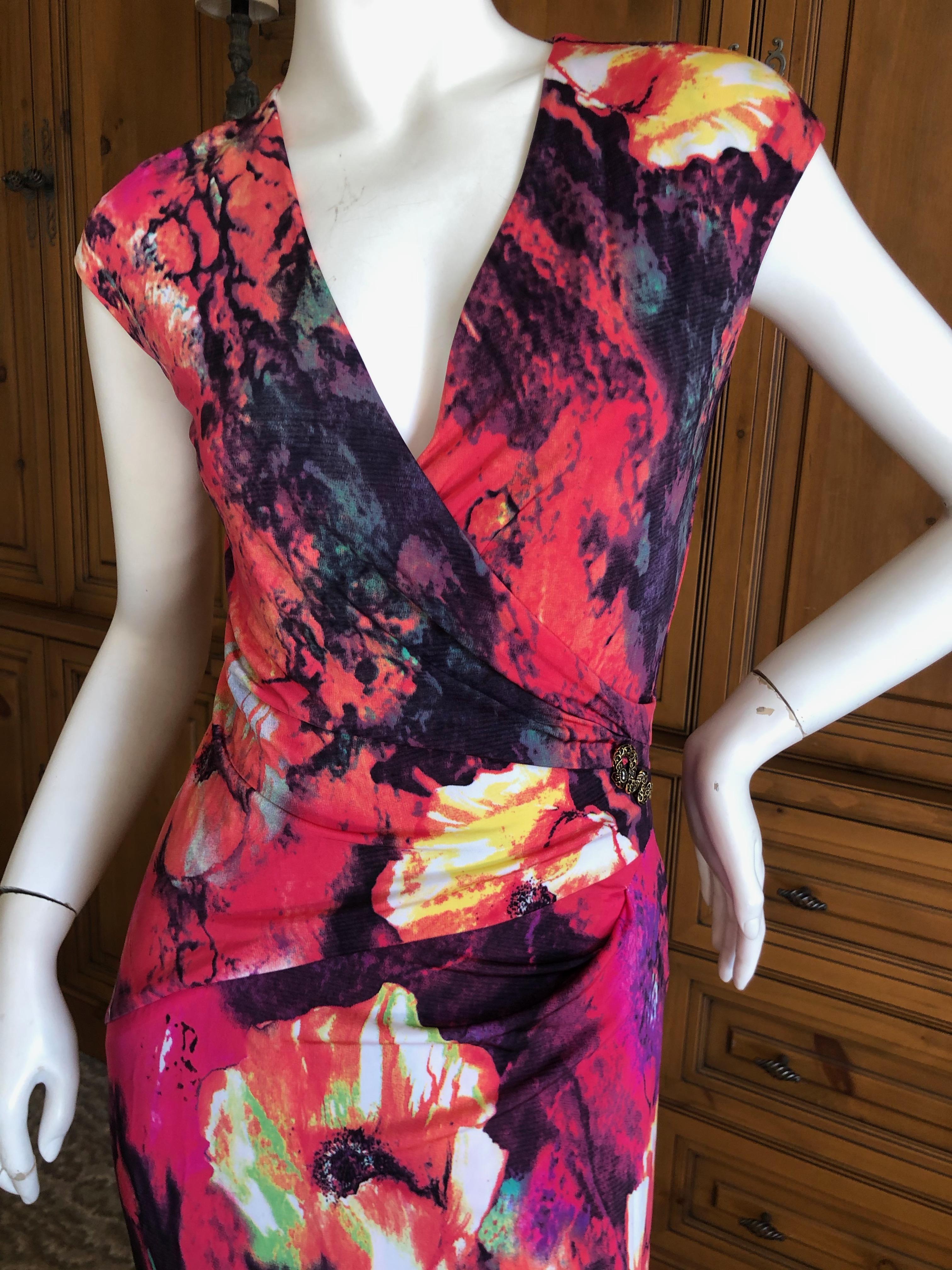 Pink Roberto Cavalli Low Cut Floral VIntage Evening Dress For Sale