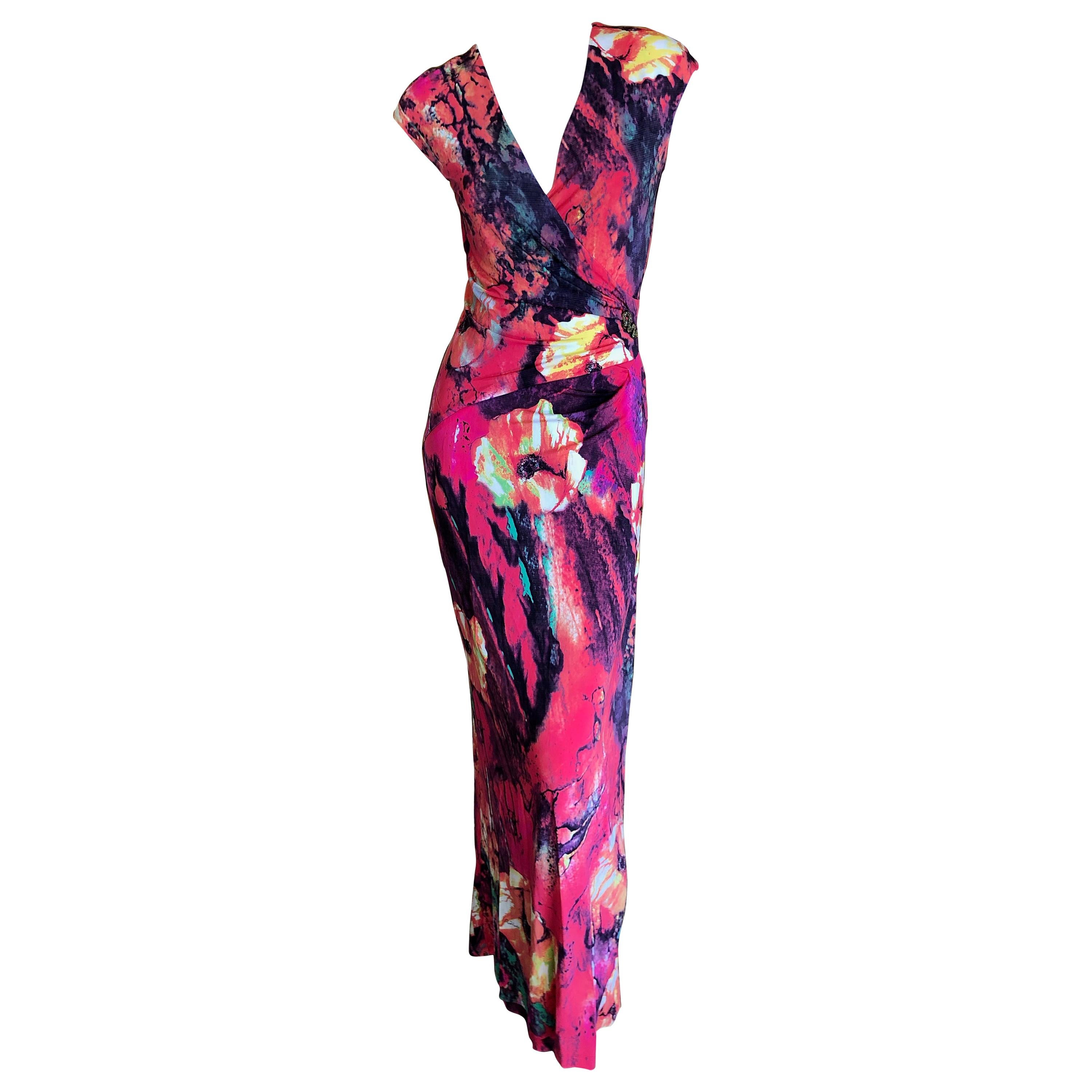 Roberto Cavalli Low Cut Floral VIntage Evening Dress For Sale