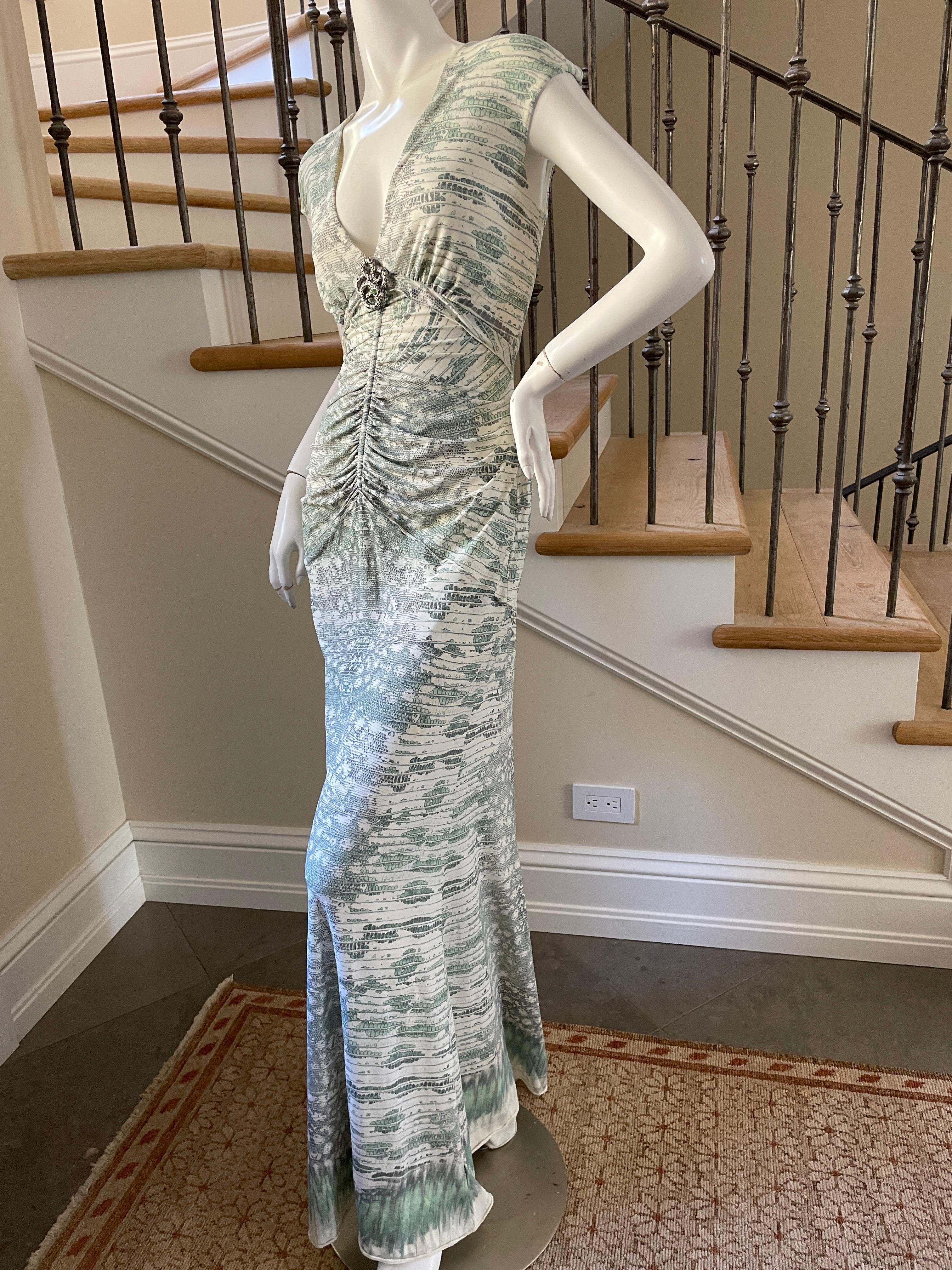 Gray Roberto Cavalli Low Cut Green Lizard Print Maxi Dress w Jeweled Snake Ornament