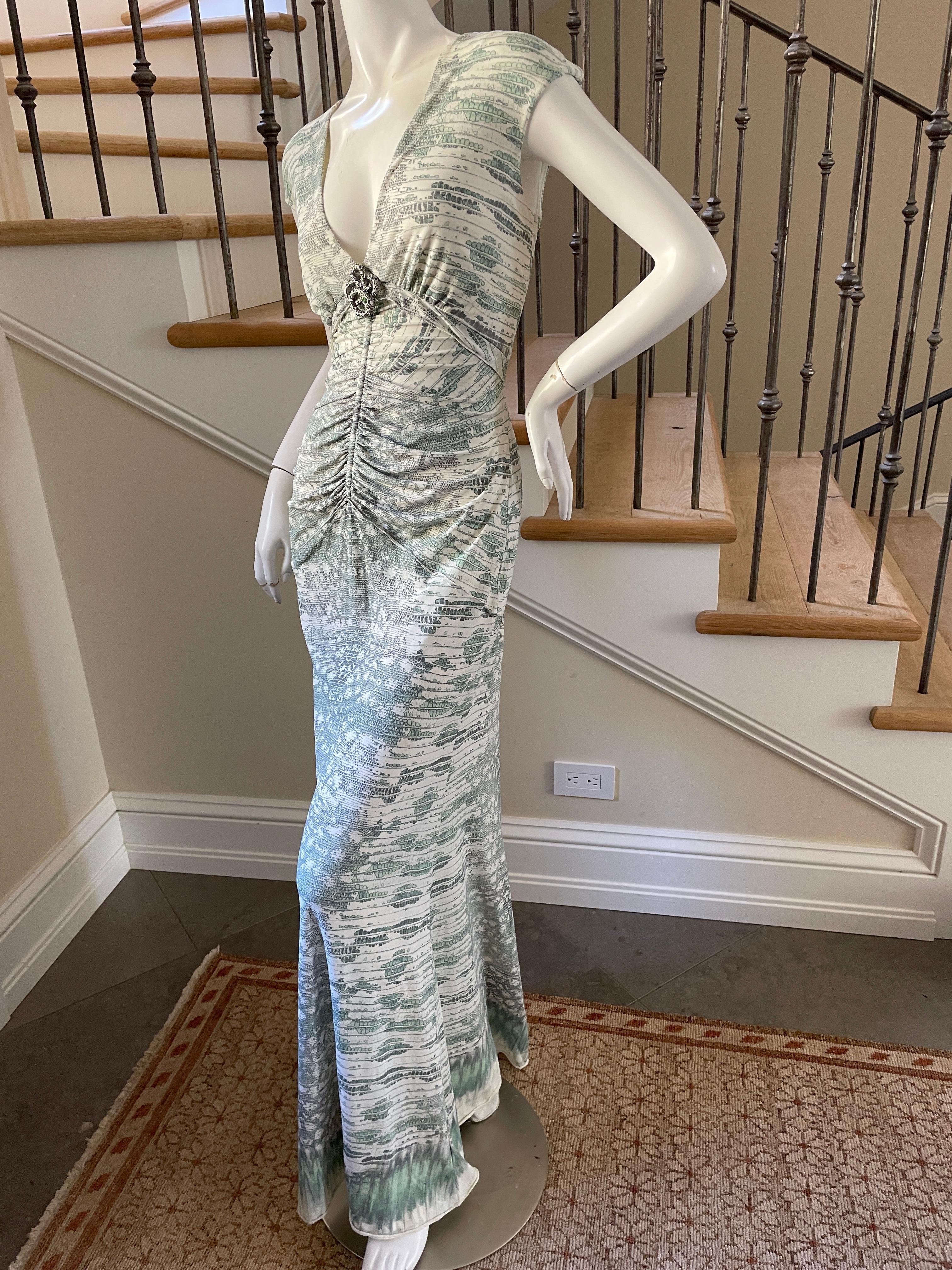 Roberto Cavalli Low Cut Green Lizard Print Maxi Dress w Jeweled Snake Ornament In Good Condition In Cloverdale, CA