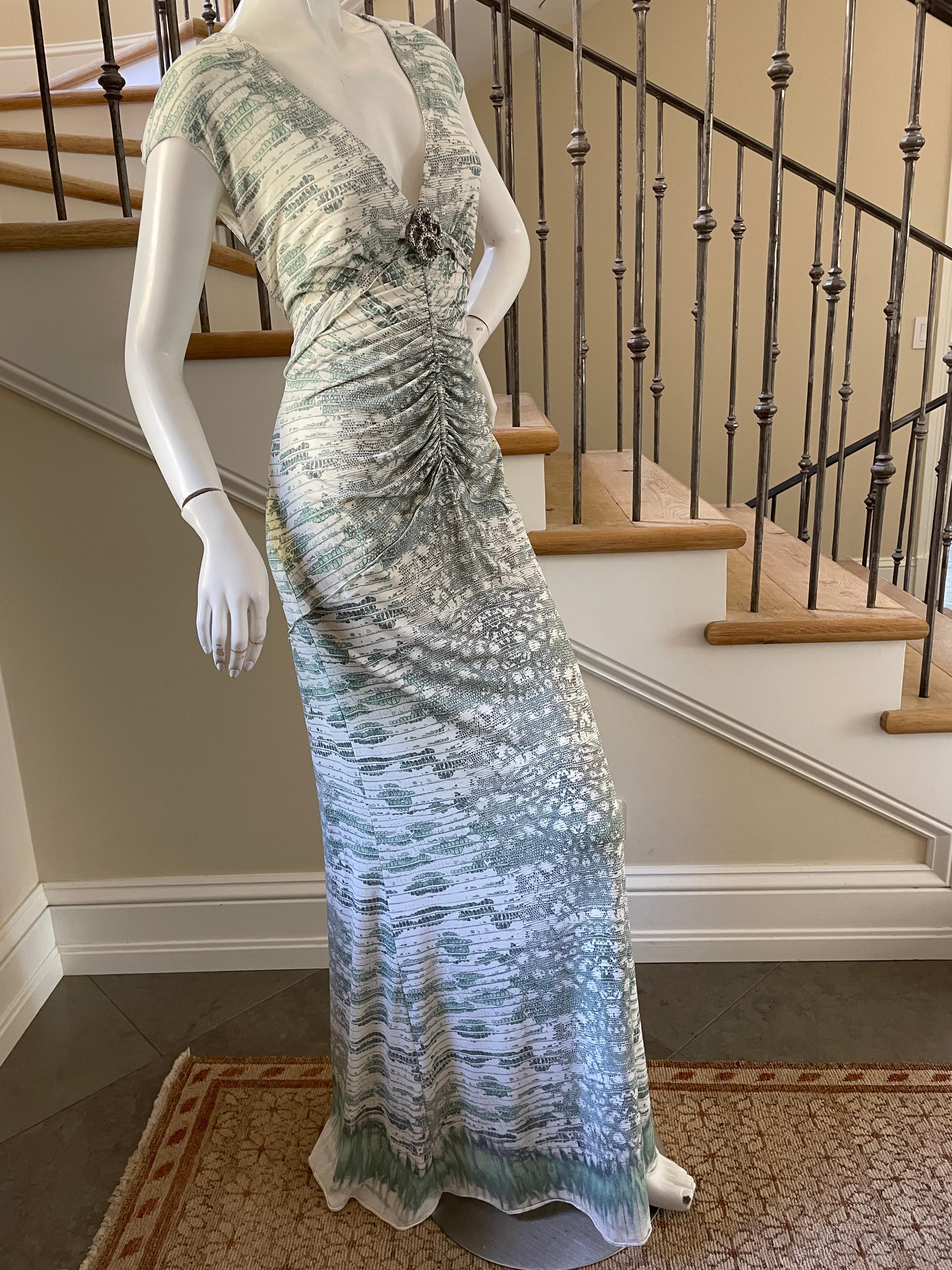 Women's Roberto Cavalli Low Cut Green Lizard Print Maxi Dress w Jeweled Snake Ornament