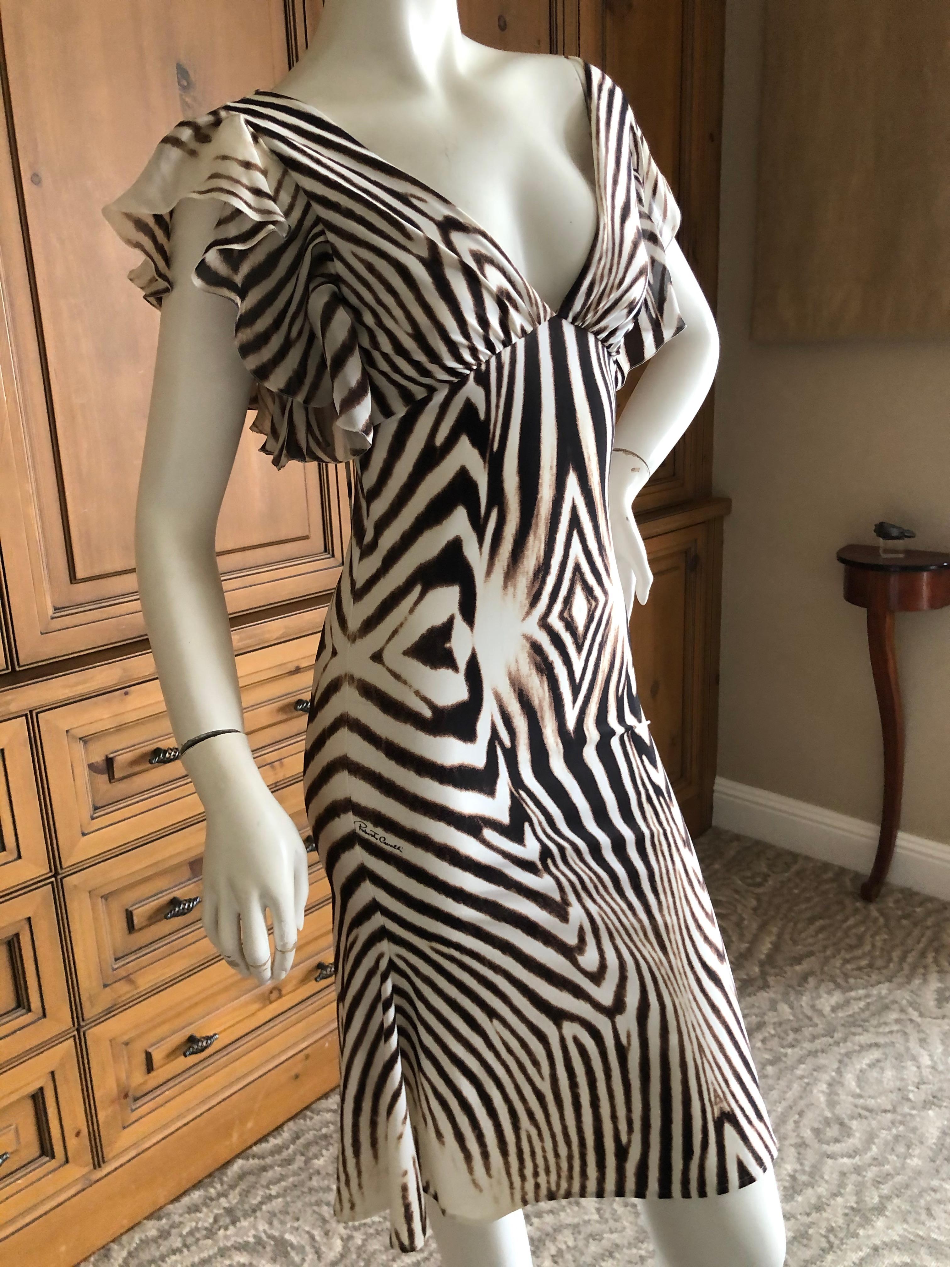 Roberto Cavalli Low Cut Vintage Zebra Stripe Cocktail Dress In Excellent Condition For Sale In Cloverdale, CA