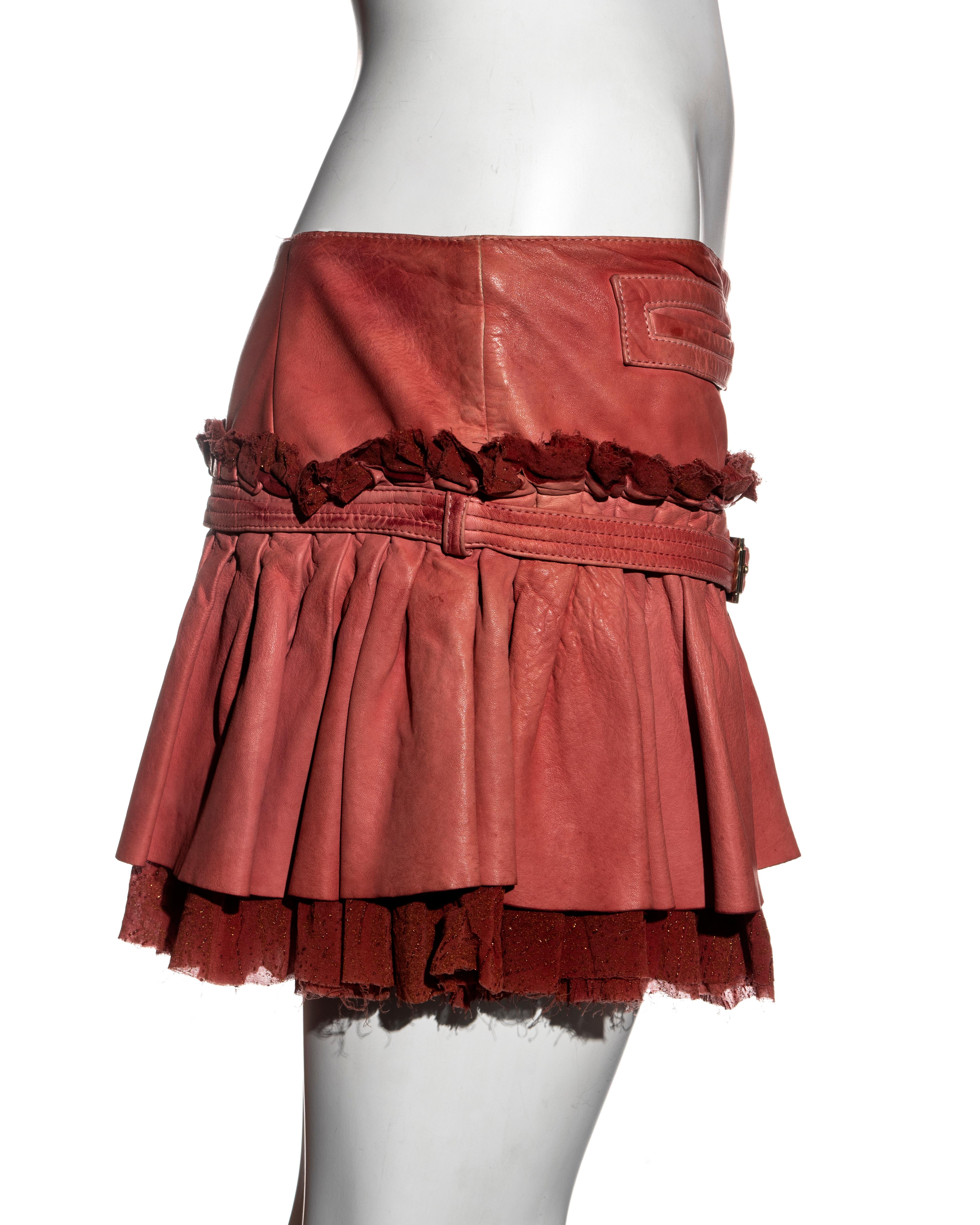 Red Roberto Cavalli low-rise pleated leather mini skirt, fw 2004